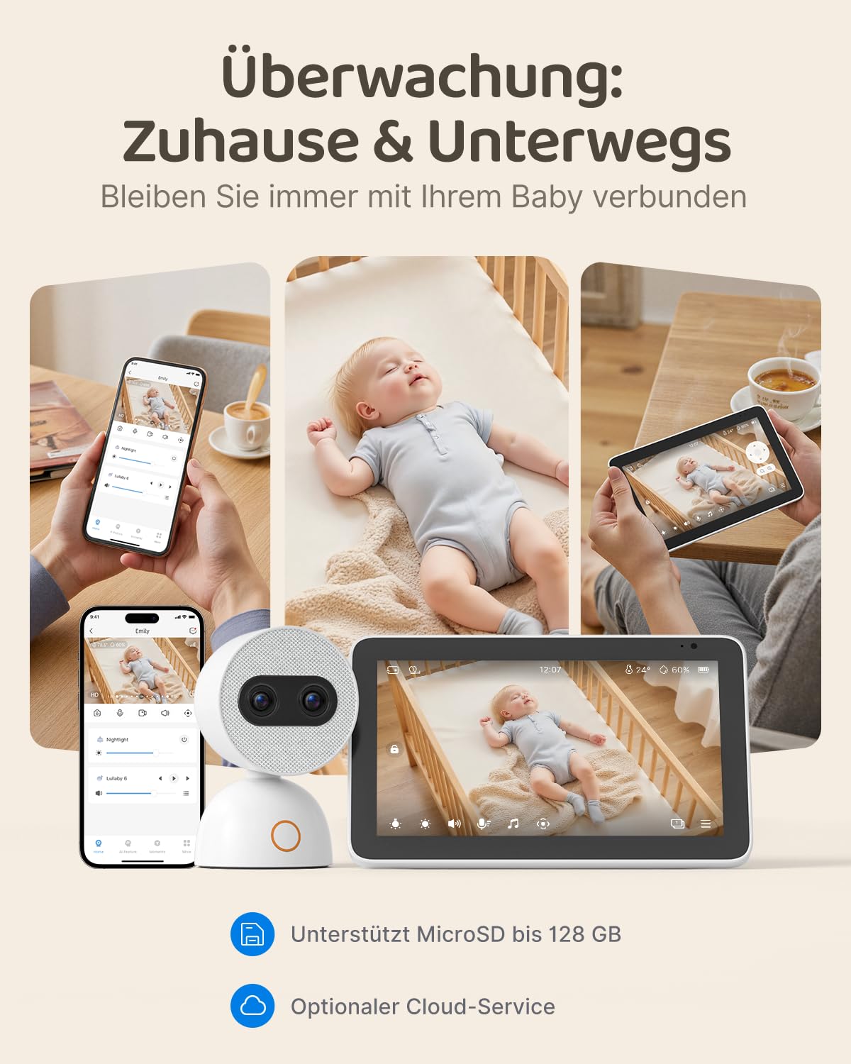 Babyphone mit Kamera 7" Touchscreen + Flexible Klemmhalterung Set | Praktisches Komplettset: 7-Zoll Babyphone-System inklusive flexibler Klemmhalterung für das Babybett.