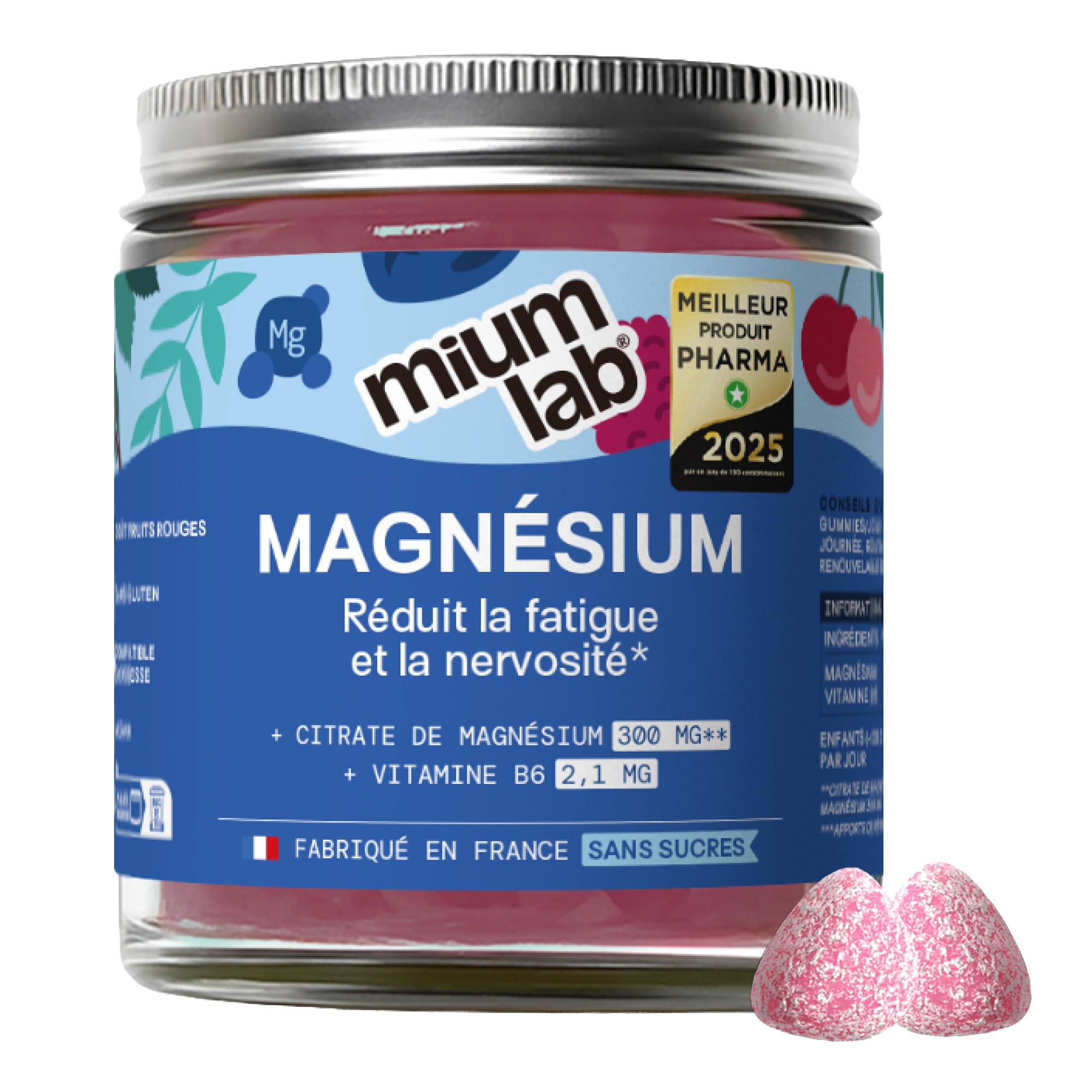 Mium Lab Gummies Magnésium 300mg - Magnesium Citrate et Vitamine B6 - Anti Stress, Fatigue et Nervosité - Complément Alimentaire Magnesium Adulte et Enfant - Goût Fruits Rouges - Gummies Sans sucres