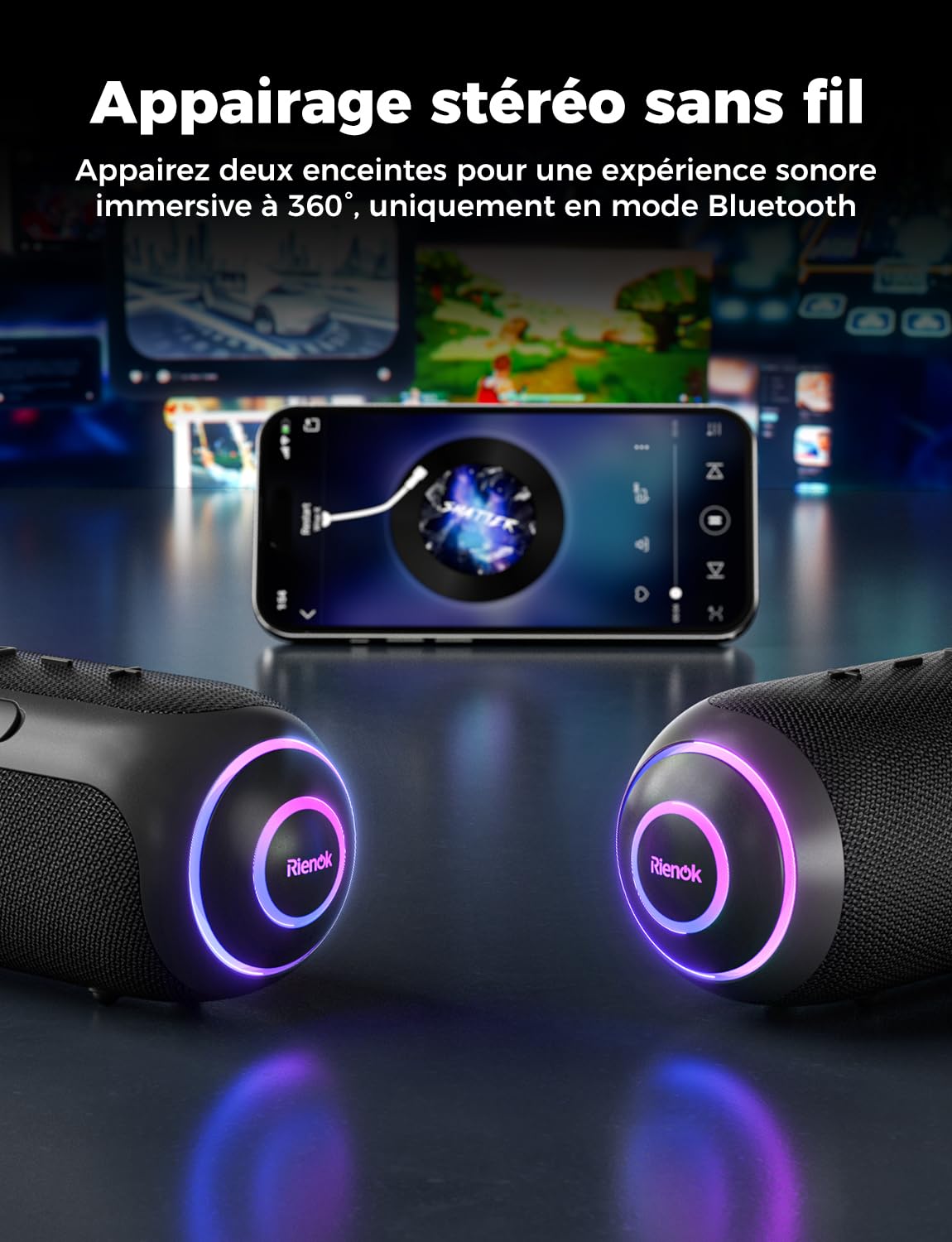 RIENOK S4 Max Enceinte Bluetooth Portable, 35W Haut Parleur Puissant, 3600mAh Baffle Bluetooth 5.3 Lumineuse, Autonomie 15H, Port TF/AUX, pour Soirées, Randonnées, Voyage