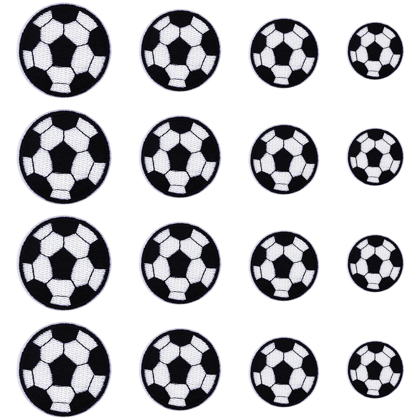 melebellot Pack of 16 Football Patches, Polyester Iron-On Embroidery Patch, 4 Sizes, Football Shape, for Clothing, Decorative