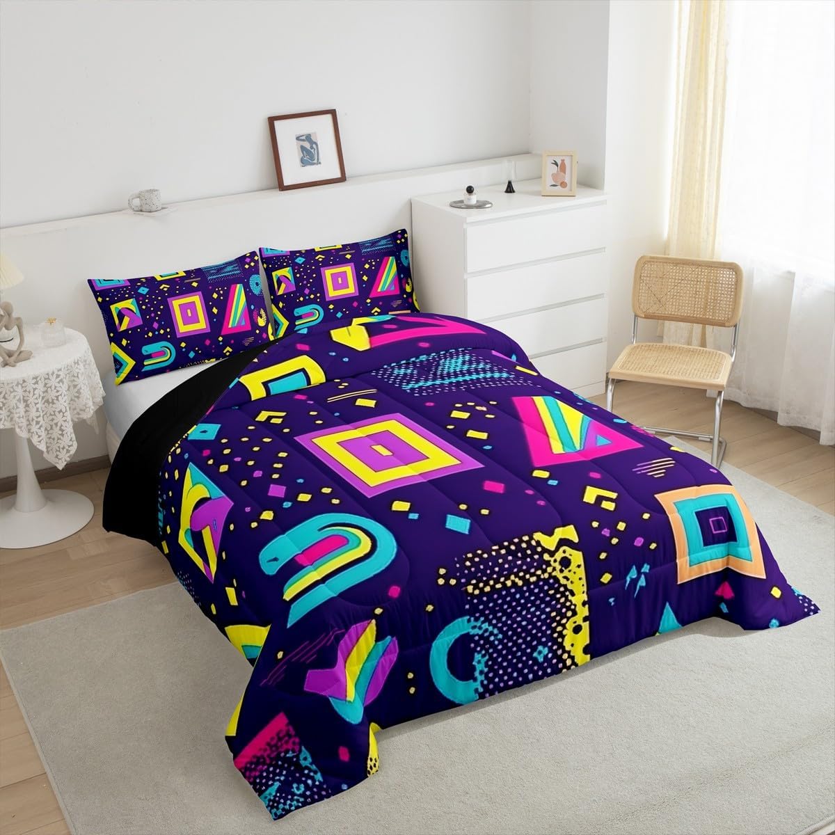 Retro 80s Style Comforter Set Twin,Abstract Geometric Pattern Bedding Set Urban Modern Design with Circles and Triangle Duvet Insert Colorful Pop Art Inspired Pattern Quilted Duvet for Boys Child