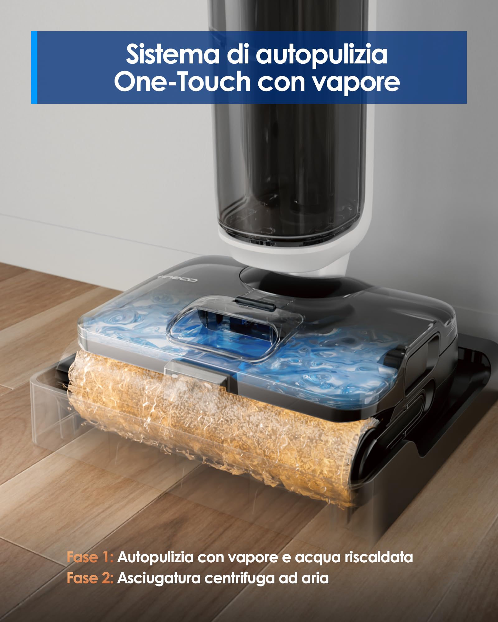 Tineco FLOOR ONE S6 Stretch Steam Aspirapolvere e lavapavimenti a vapore, Pulizia a vapore ad alta temperatura 160℃, Posizione piatta a 180°, Auto-pulizia FlashDry, Cavo lungo 8,3 m