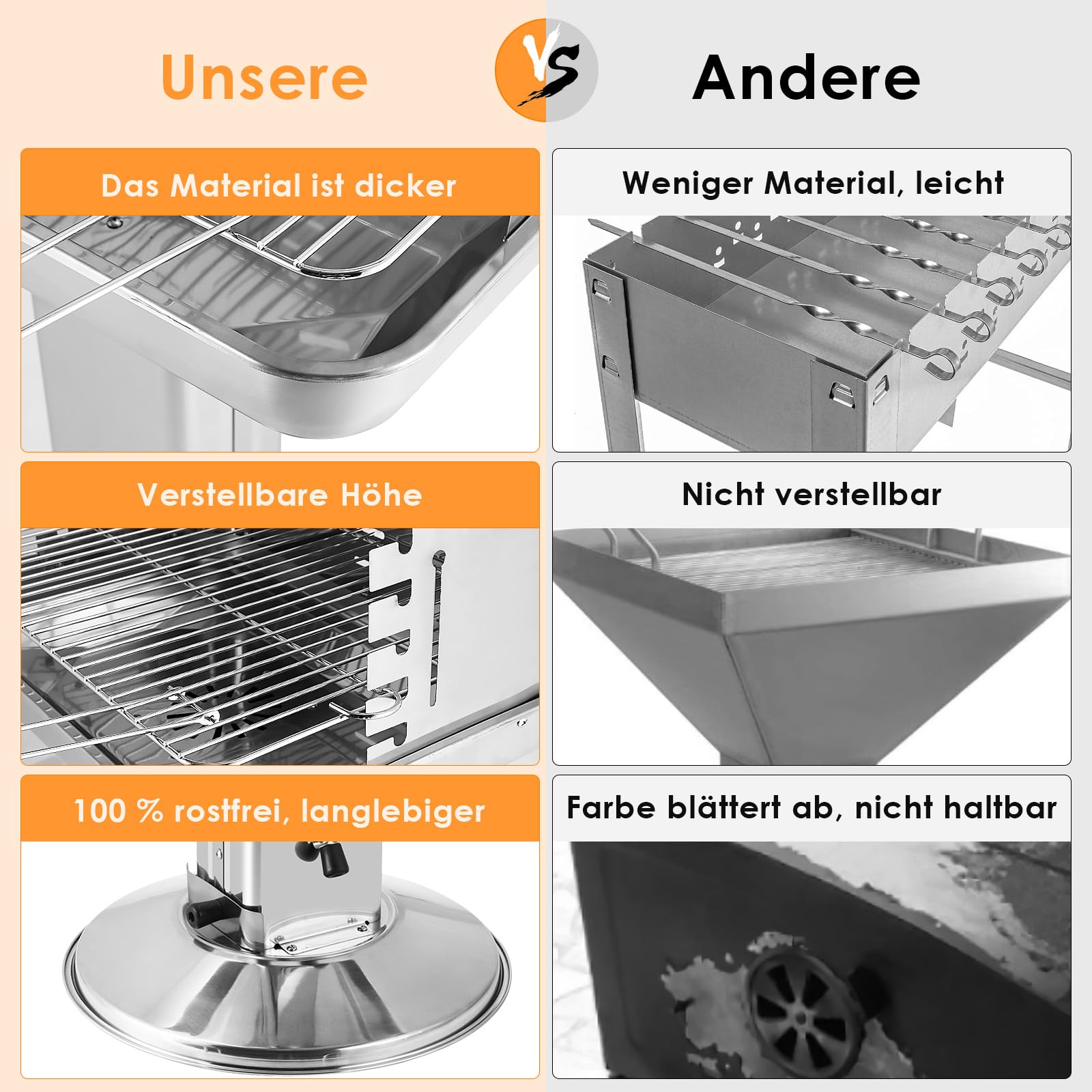 TLGREEN Barbecue a colonna in acciaio inox 57 * 38 * 90 cm, Altezza regolabile in 5 posizioni, Barbecue da esterno con Cassetto cenere, ventilazione e griglia cromata, Outdoor, BBQ, Spiagge, Giardino