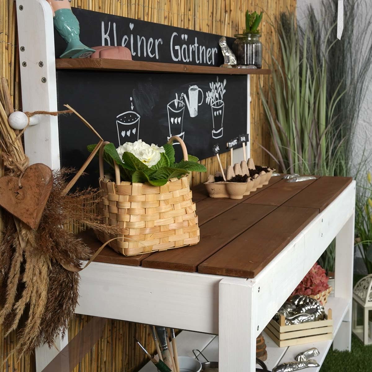 Meppi Matschküche Kleiner Gärtner aus Holz - Outdoorküche für Kinder mit Matschwannen - Pflanztisch & Basteltisch