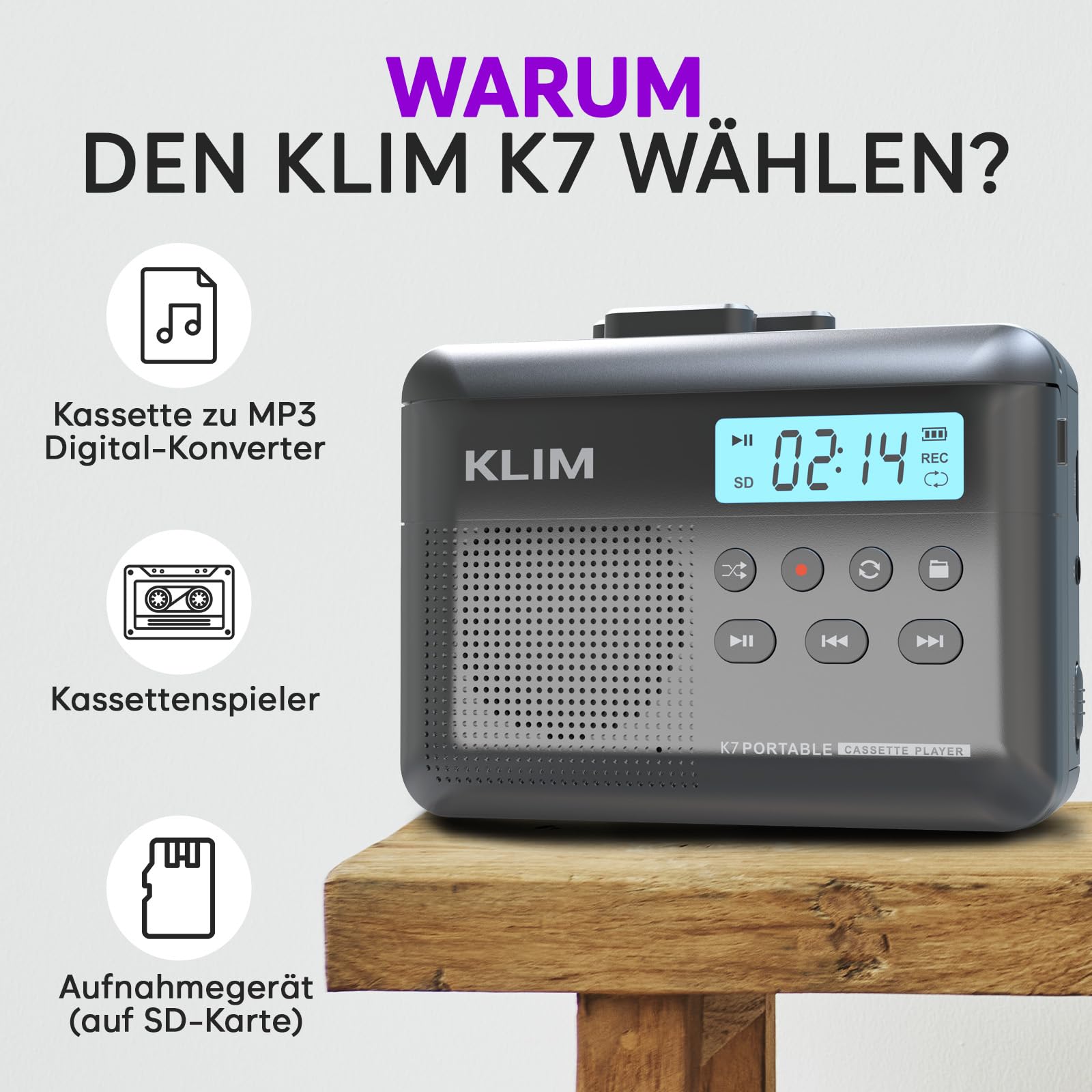 Kassettenspieler - Kassettenrekorder - Cassette Gerät - Kassetten Digitalisieren - Tragbarer - Mikrofon & Lautsprecher - Wiederaufladbarer Aufladbar - Stereoausgang - 16GB SD-Karte - Asche