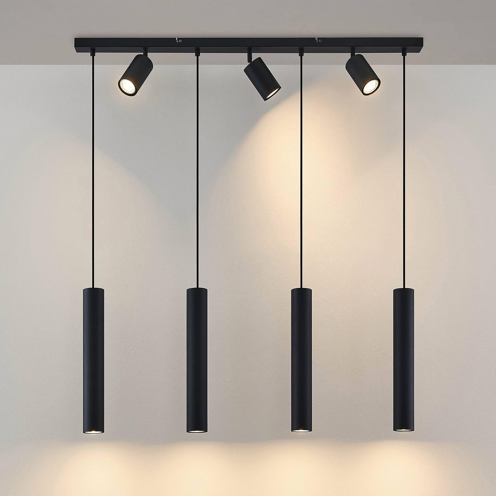 Lindby Lampada a Sospensione 7 Luci Nera 100 cm, Lampadario con Faretti Orientabili e Pendenti Cilindrici GU10 Lampade Sospese Moderne per Cucina Sala da Pranzo Soggiorno Camera Letto