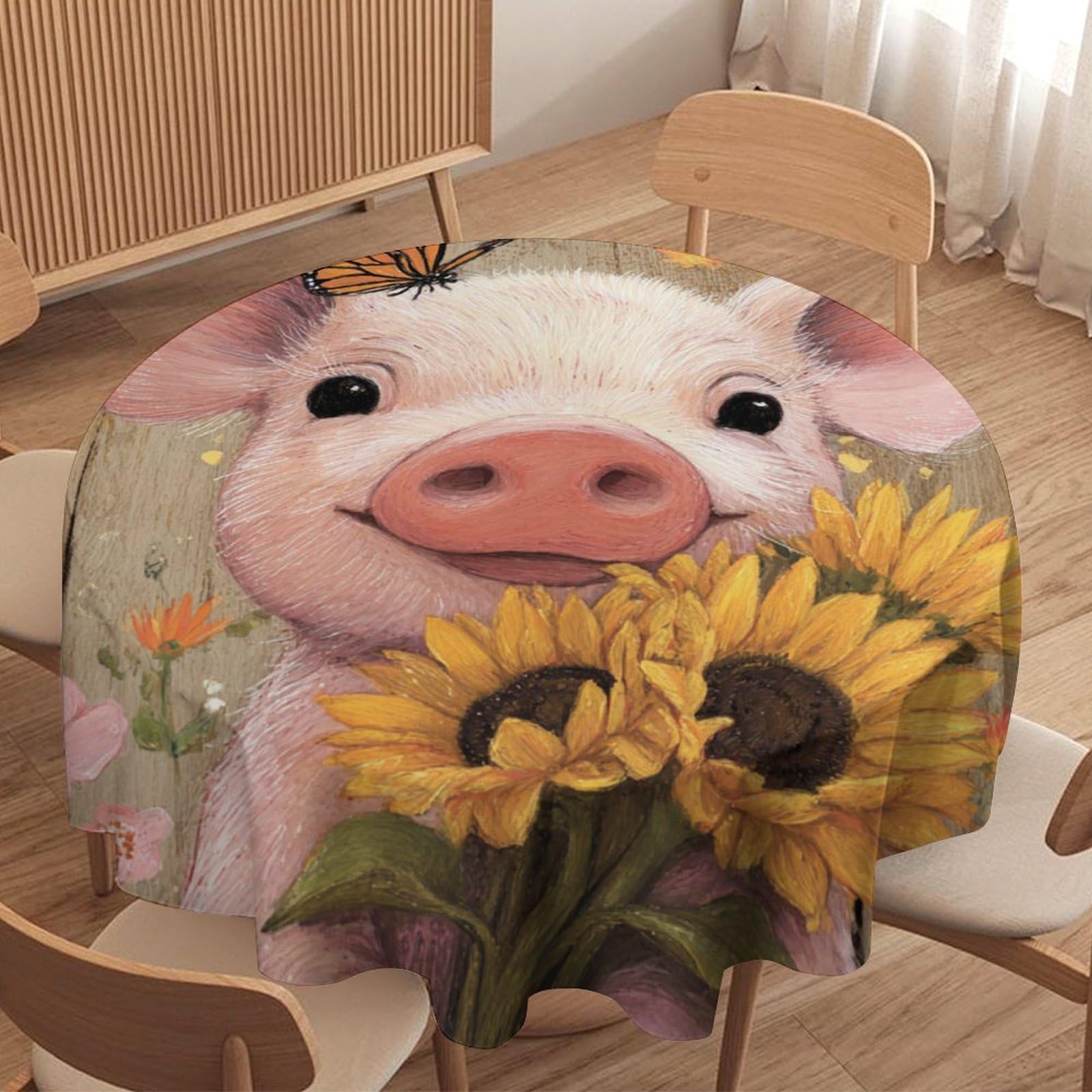 LUYYSKY Classic Oil Painting Cute Pigs Waterproof Round Tablecloth Modern Watercolor Wooden Fence Sunflowers Animals Butterflies Washable Table Cover for Kitchen-177.8" Wx177.8 L cm