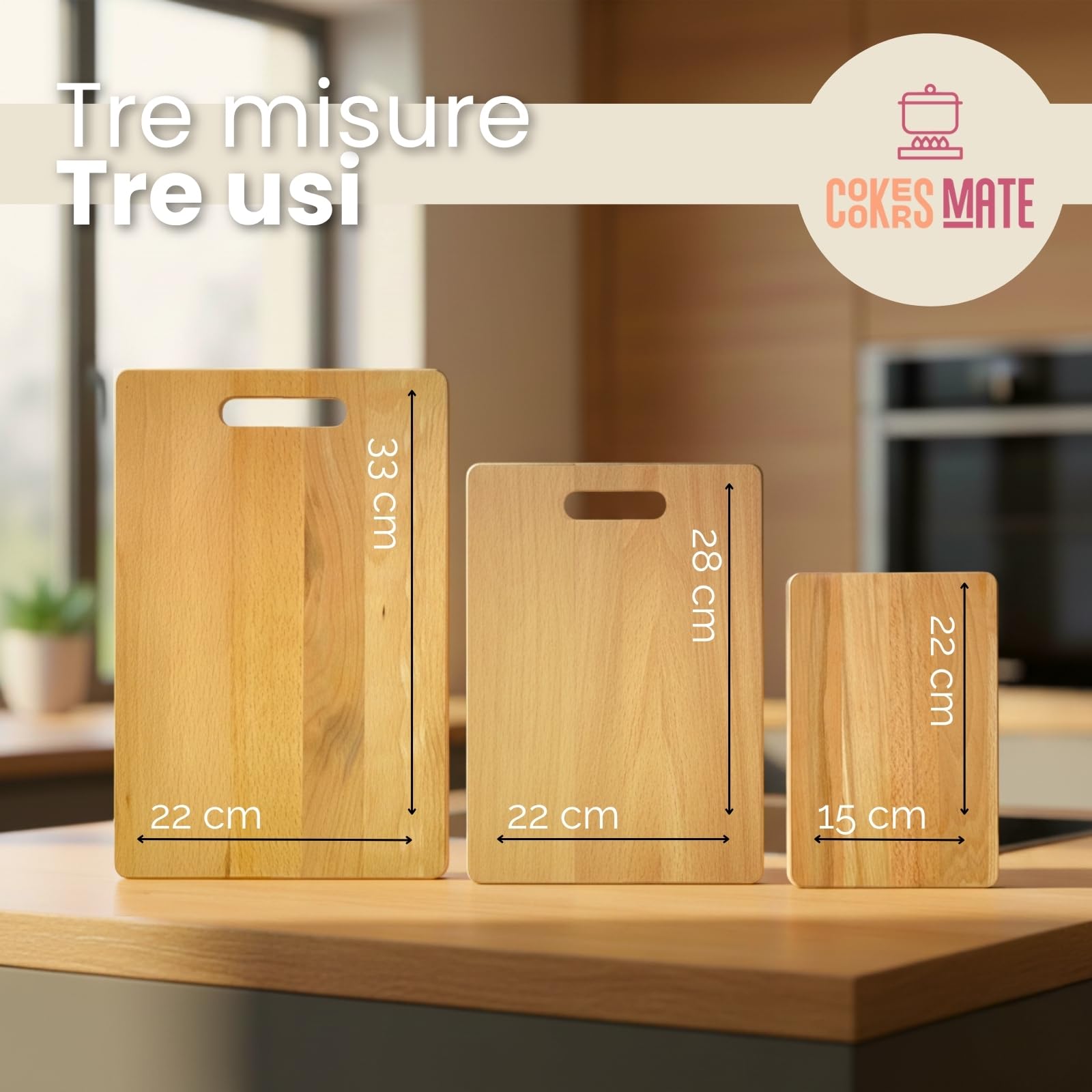 Set di 3 Taglieri in Legno di Faggio, Taglieri da Cucina con Manico, Set aperitivo, Cutting board wood, Made in Europe, 33x22/28x22/22x15 cm