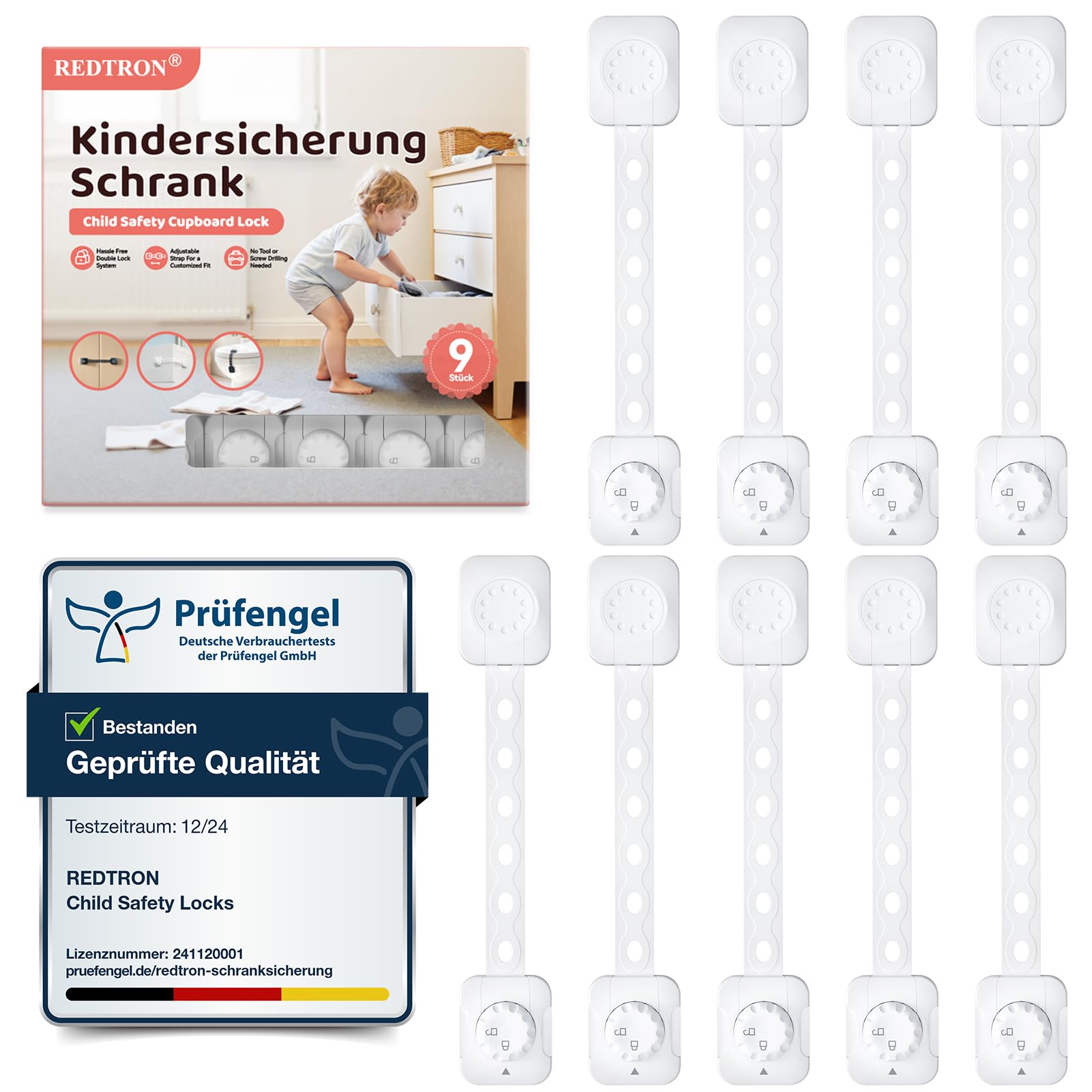 REDTRON Kindersicherung Schrank, 9er Pack Verstellbare Schranksicherung Baby, Baby Sicherung für Schubladen, Kühlschrank, Toilettensitz, mit Doppeltem Schlossdesign, Nein Bohren erforderlich, Weiß