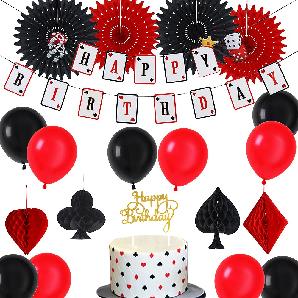 SUNBEAUTY Casino Party Decorations Poker Theme Party Supplies Happy Birthday Banner Hanging Paper Fans Casino Shape Honeycomb Balls