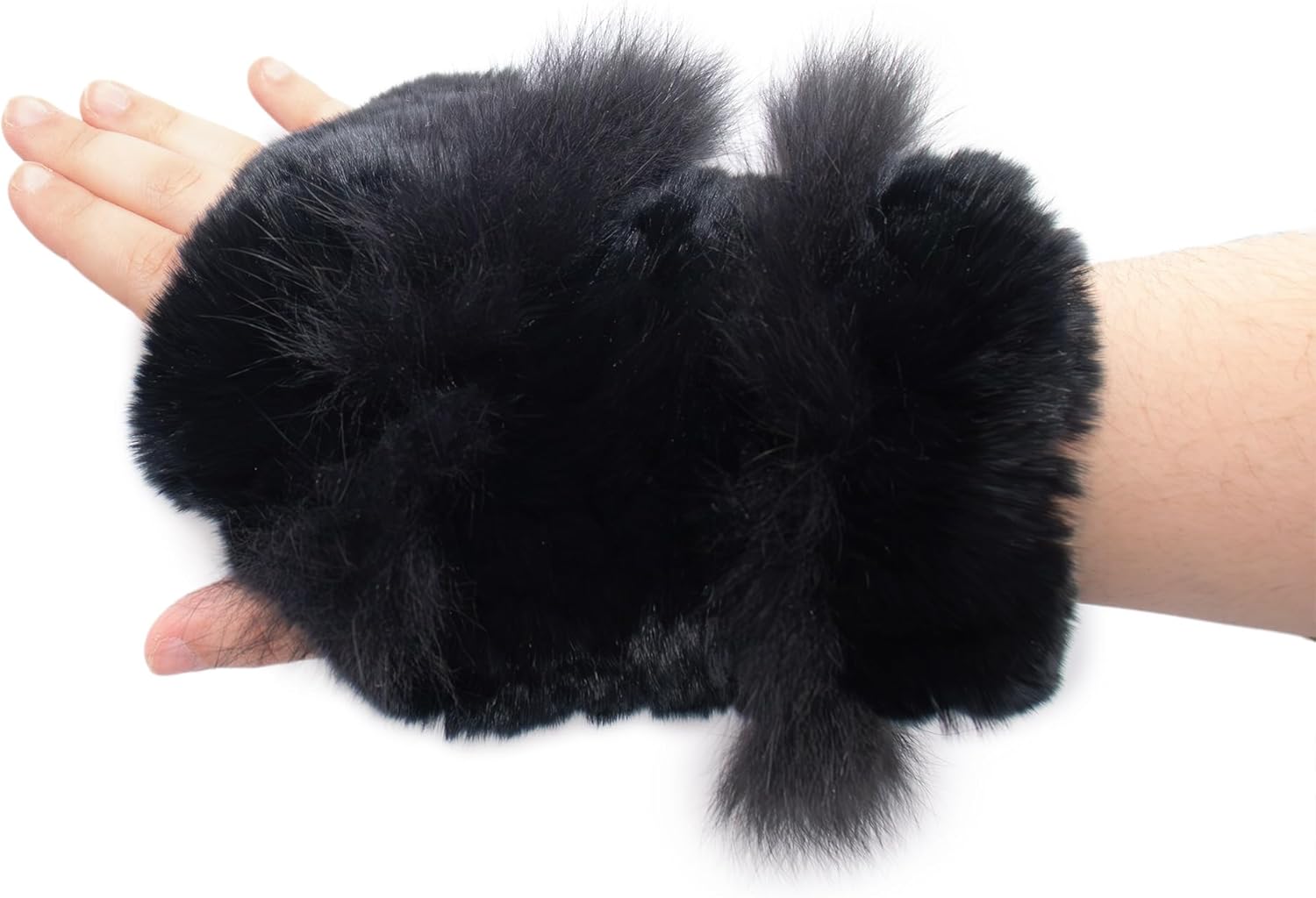 surell Black Rex Rabbit Fur Textile Knit Fingerless Gloves with Fox Detail - Winter Texting Mittens - Luxury Cold Weather Clothing