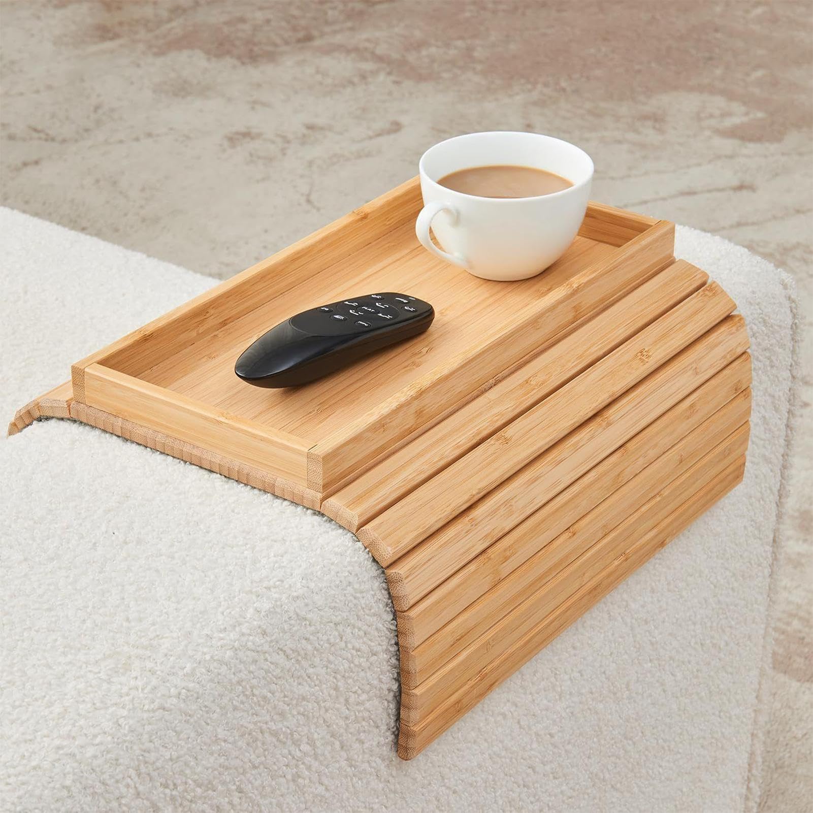 Mesa auxiliar plegable de madera con almohadilla antideslizante, soporte para tazas de café, aperitivos, teléfonos, control remoto, accesorio reclinable para sala de estar
