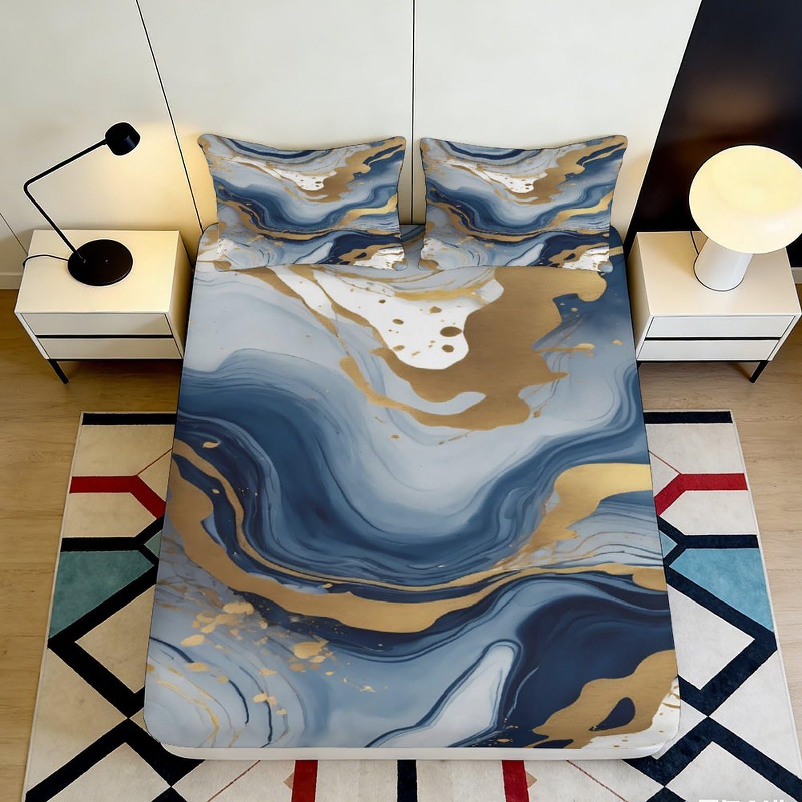 3D Printed Blue Marble Fitted Sheet Microfiber Modern Abstract Gold Wave Mattress Cover for Bedroom Decor 90x200x25cm