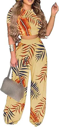 Mandonce 2 Piece Outfits for Women Crew Neck Short Sleeve Crop Tops Printed Wide Leg Long Pants Summer Matching Sets