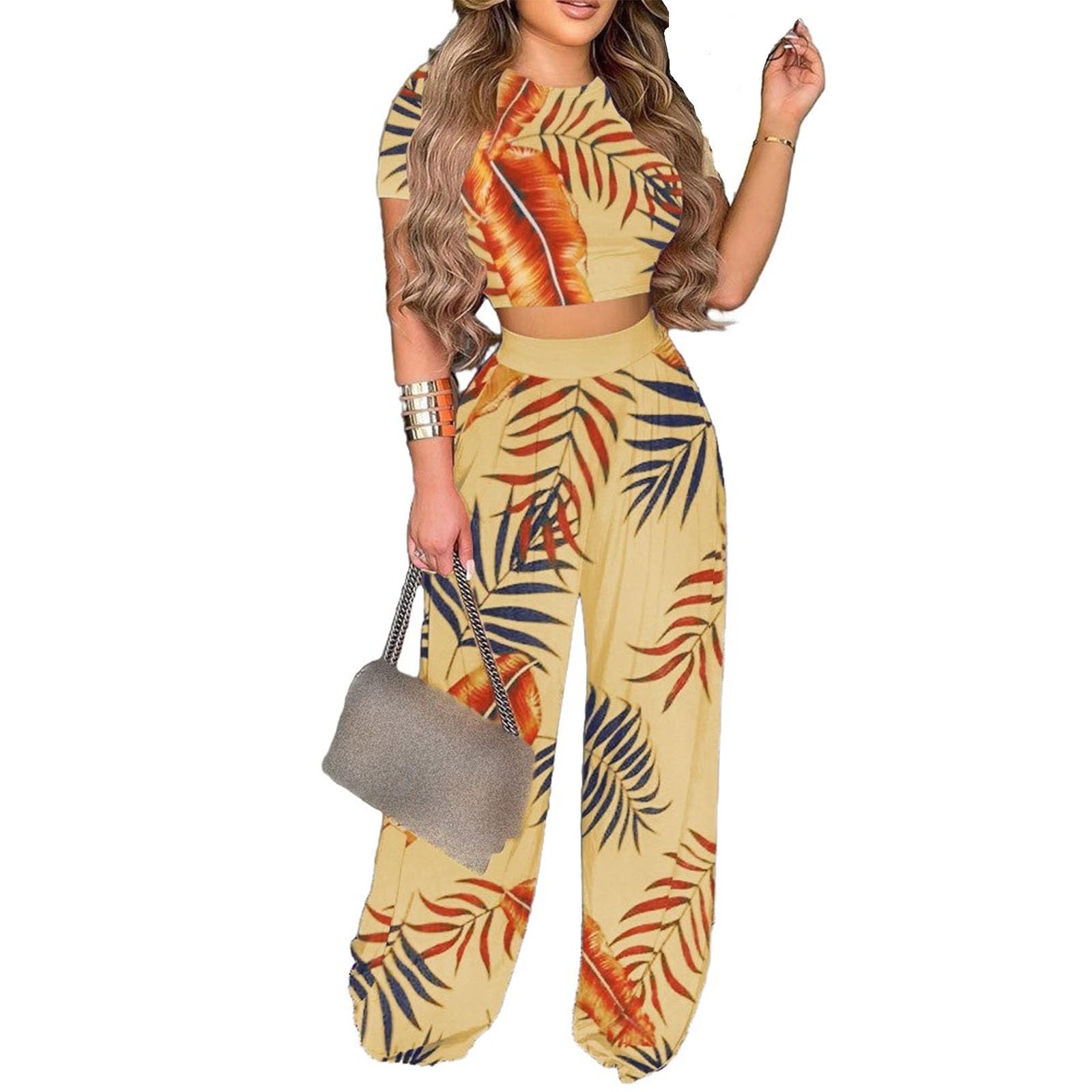Mandonce 2 Piece Outfits for Women Crew Neck Short Sleeve Crop Tops Printed Wide Leg Long Pants Summer Matching Sets