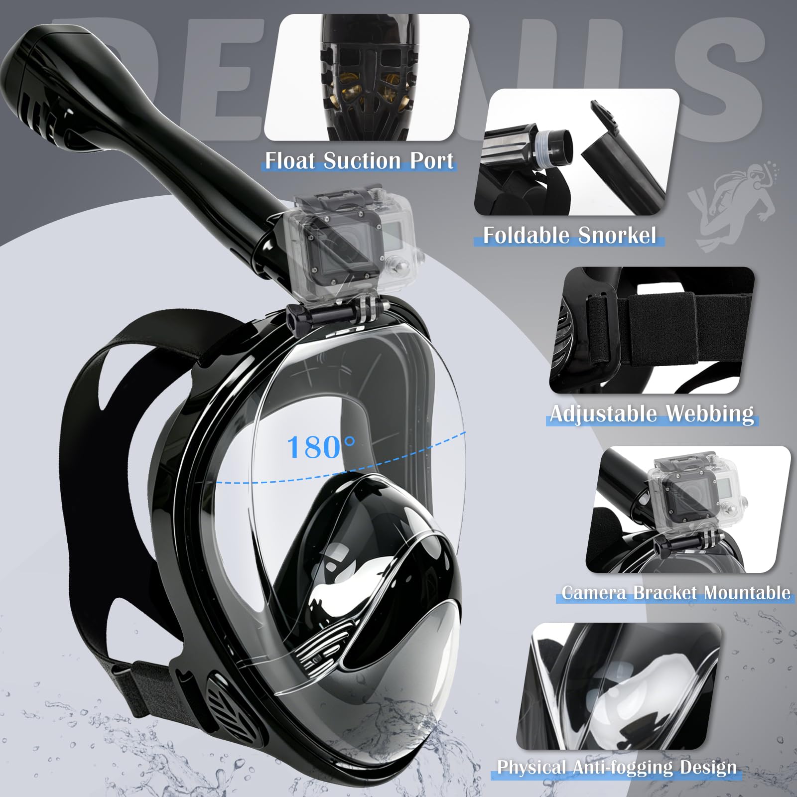 Set Snorkel Adulto, Máscara Snorkel, 180°Vista, CO2 Seguro, Anti-vaho Anti-Fuga, con Aletas Ajustables, Soporte de Cámara, Funda Impermeable para Móvil, Equipo de Snorkel Nadar Adultos