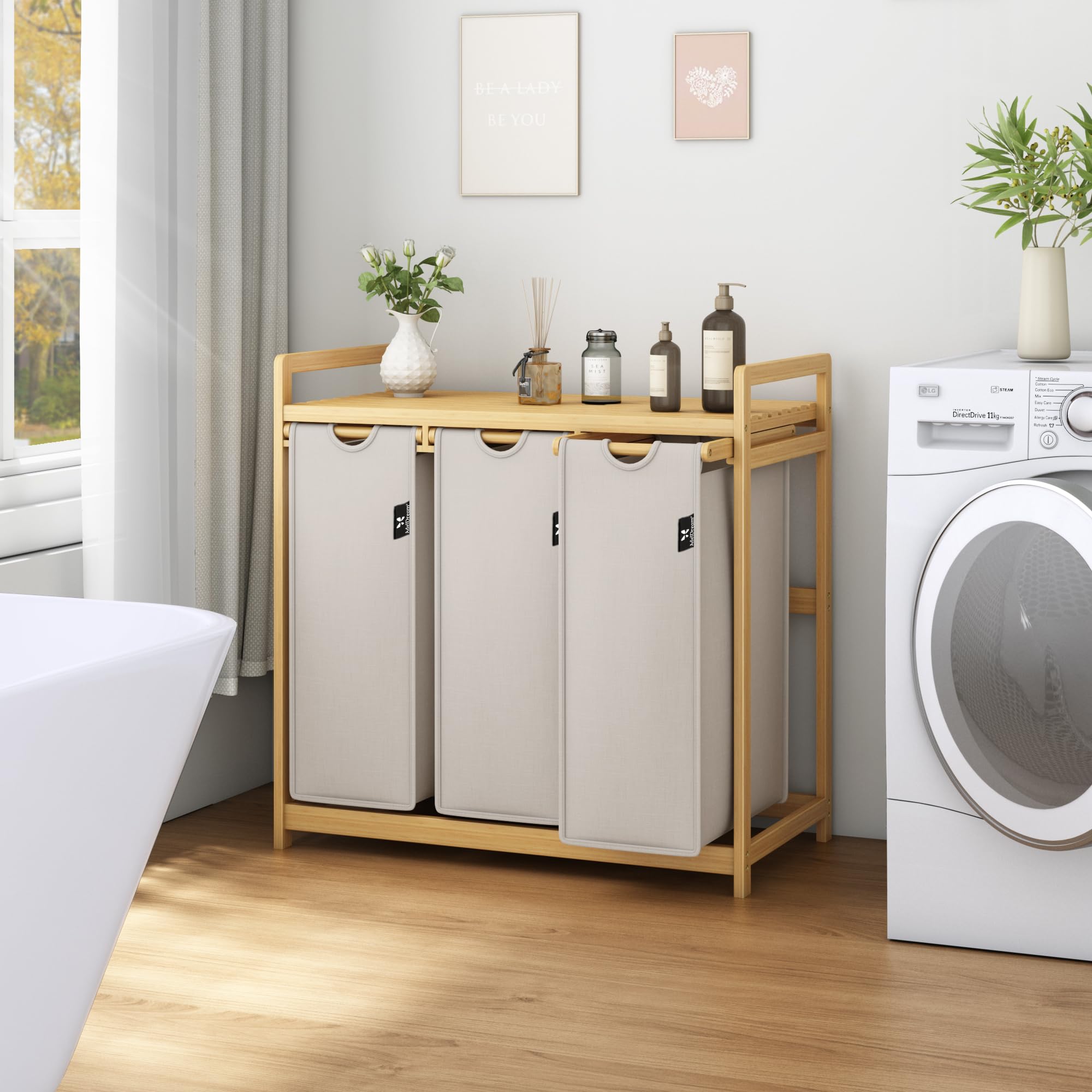 AdelDream Cesto Portabiancheria Cesto per Bucato 150L Organizzatore Lavanderia con 3 Scomparti in Bambù Selezionatore di Bucato Grigio Chiaro