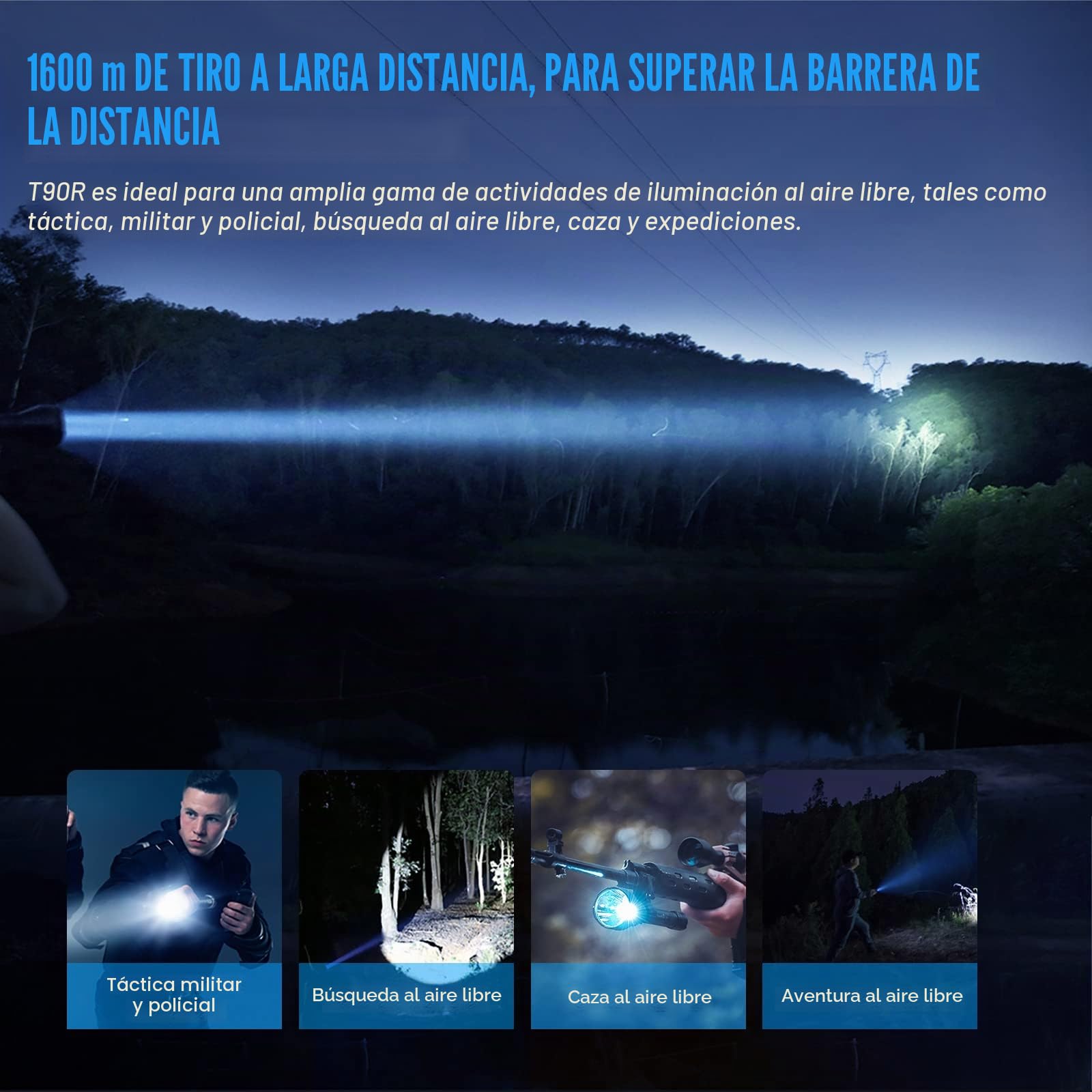 TrustFire T90R Kit de linterna de caza LED de alta potencia 4800 lúmenes, linterna táctica recargable de largo alcance 1600 metros Super brillante impermeable para búsqueda y rescate de caza