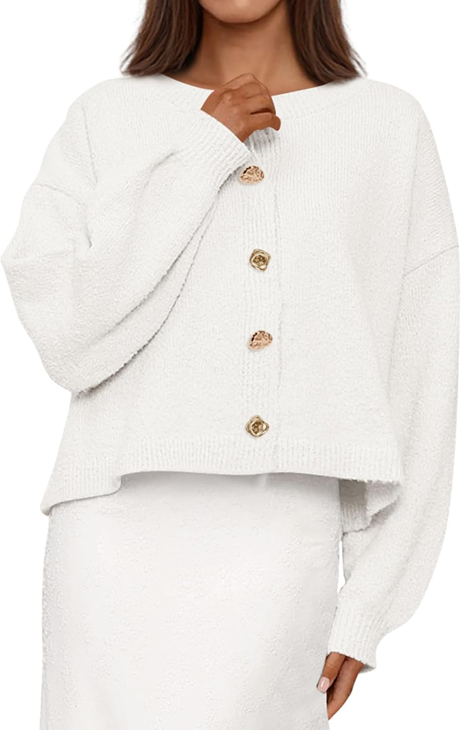 MASCOMODA Fall Long Sleeve Cropped Cardigan Sweaters for Women Trendy Crewneck Open Front Gold Button Up Sweater Jackets