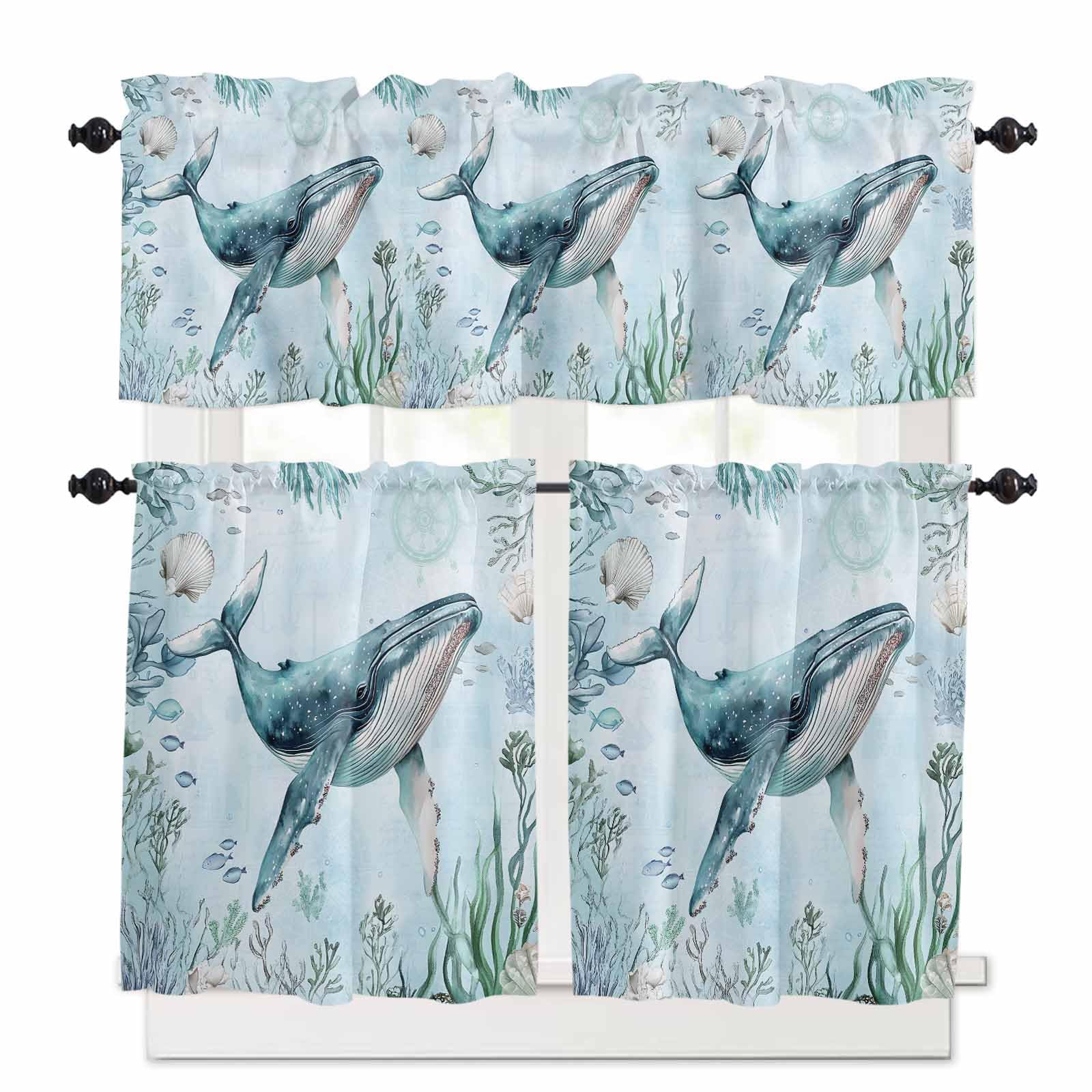 Coastal Whale Kitchen Curtains 24 Inch Length, 3 Piece Rod Pocket Small Half Tiers and Valance Set, Nautical Ocean Shells Seaweed Coral Small Large Window Treatment Decor for Bedroom/Bathroom Sink