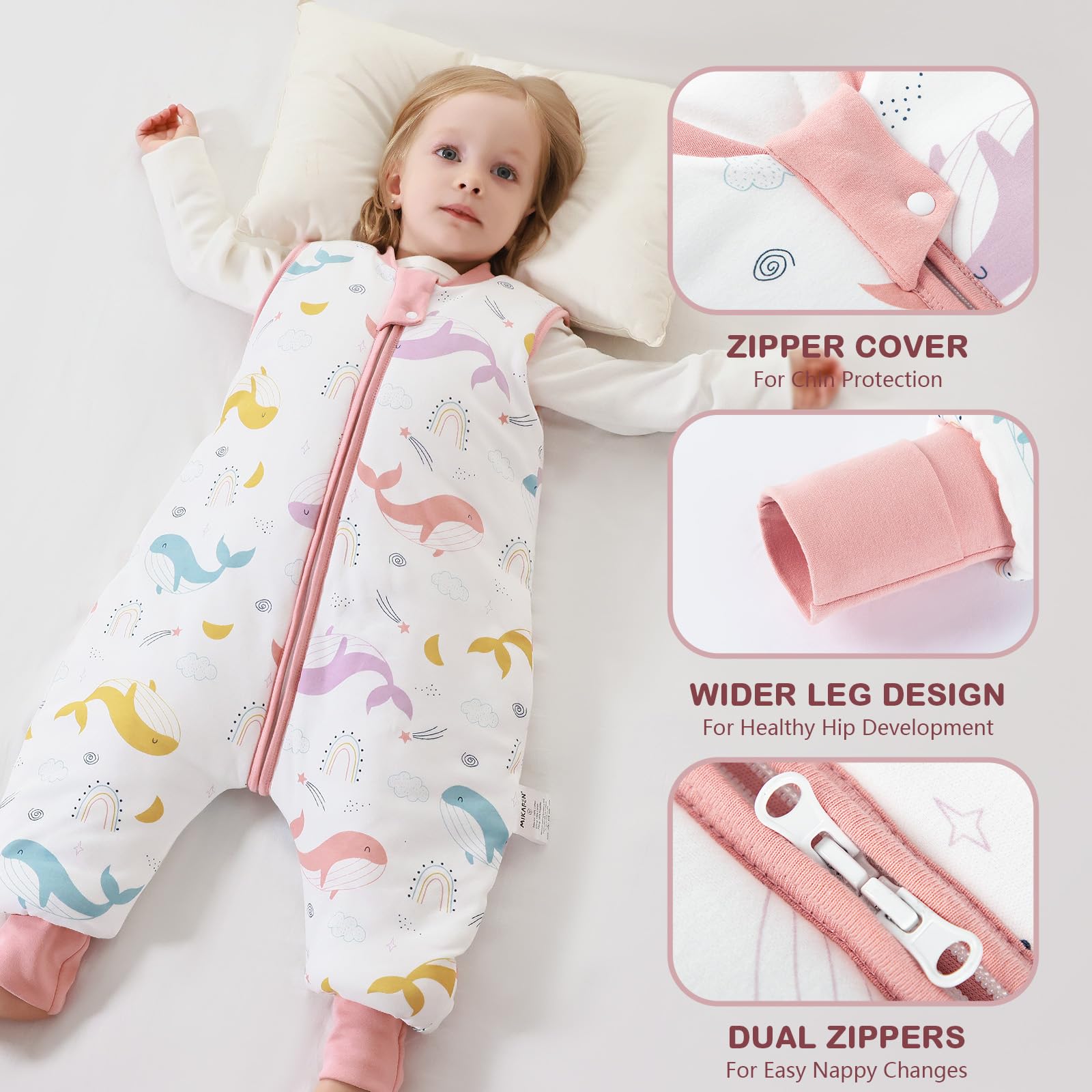 MIKAFEN Bambini Sacco nanna invernale con gambe 2,5 Tog,100% cotone,Sacco nanna con piedini,105-115 cm/4-5 anni,Balena arcobaleno