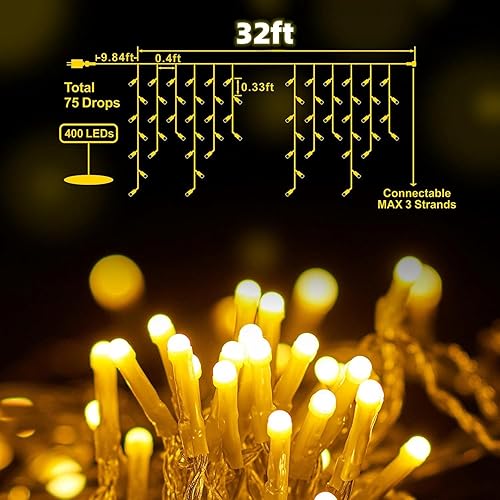 Miniatura 2 de LANFU 400 luces LED, 32 pies, 75 gotas de luces de carámbano, luces de Navidad para decoración de interiores y exteriores, tira de luces