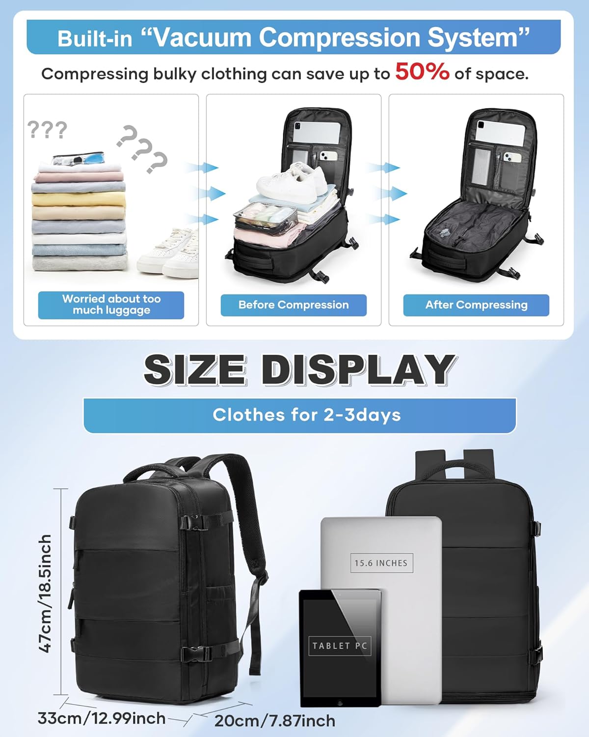 vgcub vacuum backpack travel with electric pump vacpack system storage compression carry on laptop work business waterproof college bags casual daypack backpacks for women men black b15-black with electric pump x-large