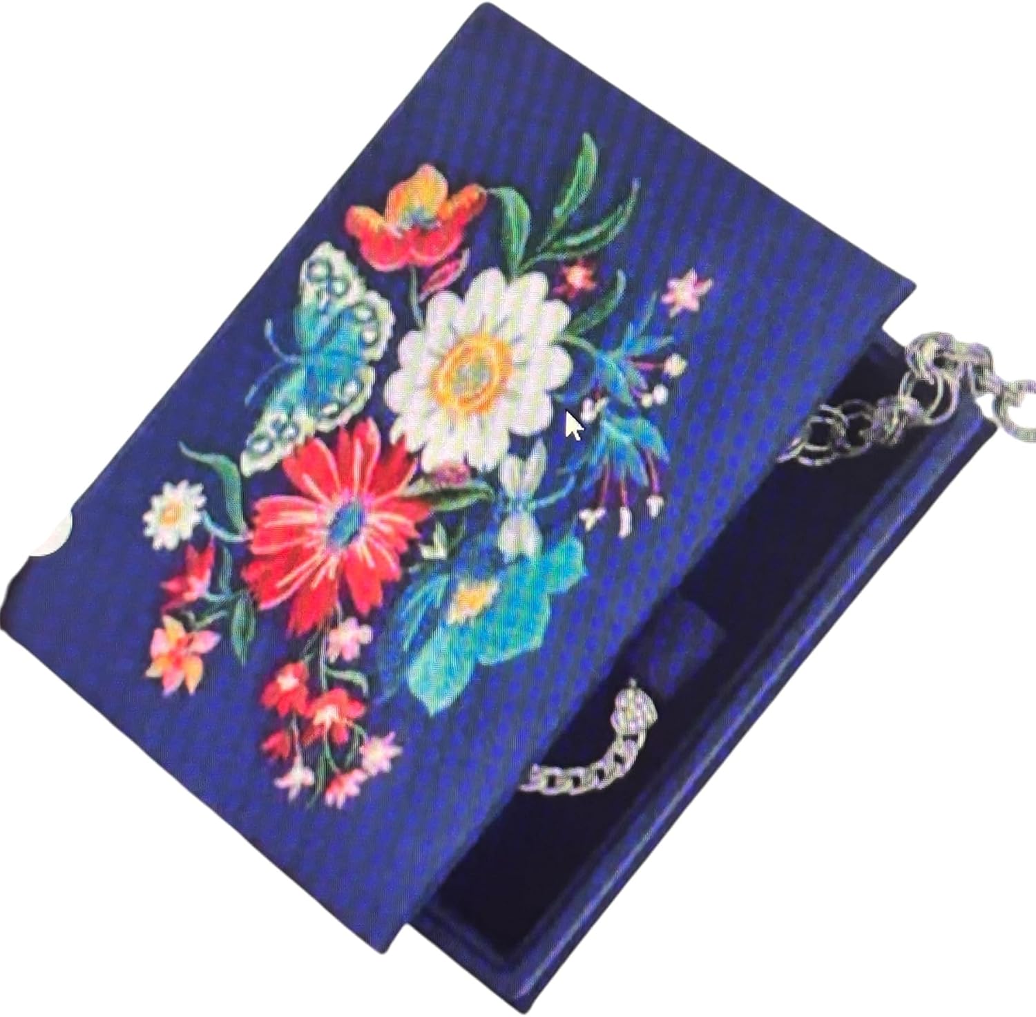 Brighton French Garden Jewelry Box Embroidered Flowers Blue Fabric 7"x6"x2.75"