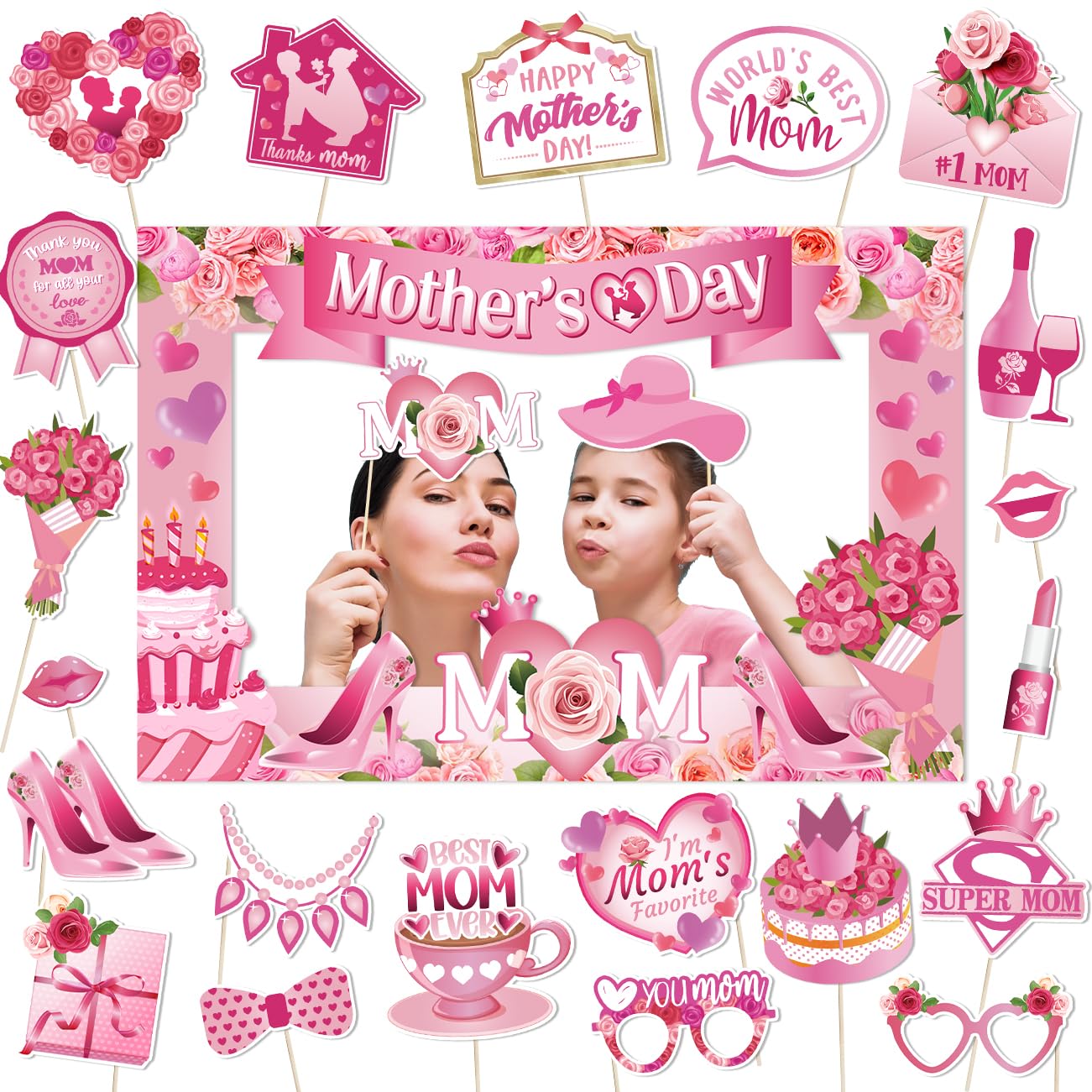 Mothers Day Decorations 23pcs Mothers Day Photo Booth Props and Pink Photo Frame Happy Mothers Day Selfie Props with Sticks for Mother Day Party