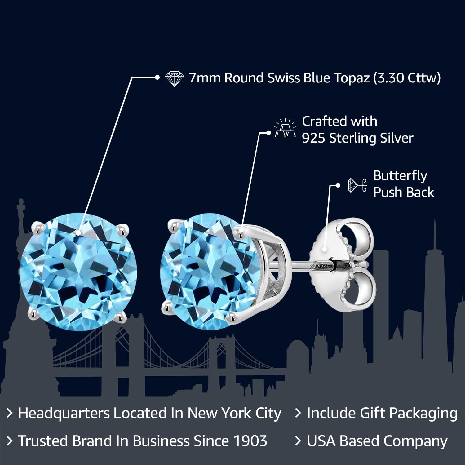Gem Stone King 2-4 Cttw Round Gemstone Birthstone Stud Earrings For Women Men | 925 Sterling Silver | Round 7MM | Fine Jewelry Gifts for Women Her Mom Wife Men