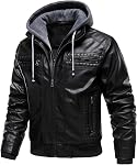 HOOD CREW Zipper pour hommes PU Veste de moto en cuir faux avec amovible Hood