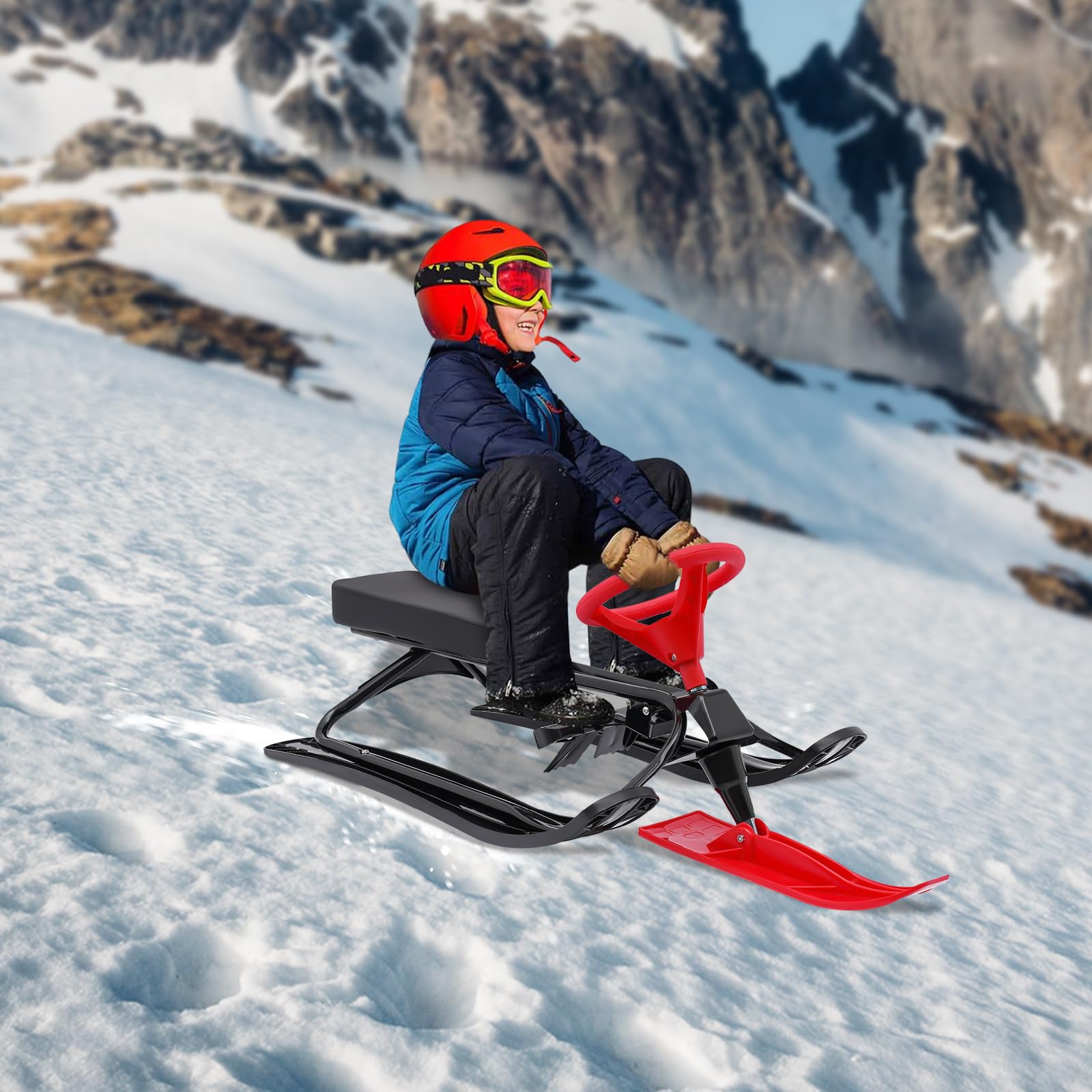 Kids Snow Racer Sled, Snow Racer Sled Ski Slider Steering Wheel, 220 lbs Outdoor Plastic Winter Sleigh W/Double Brakes for Skiing Ice Sand Skating Black Red(44.88 * 19.69 * 15in)