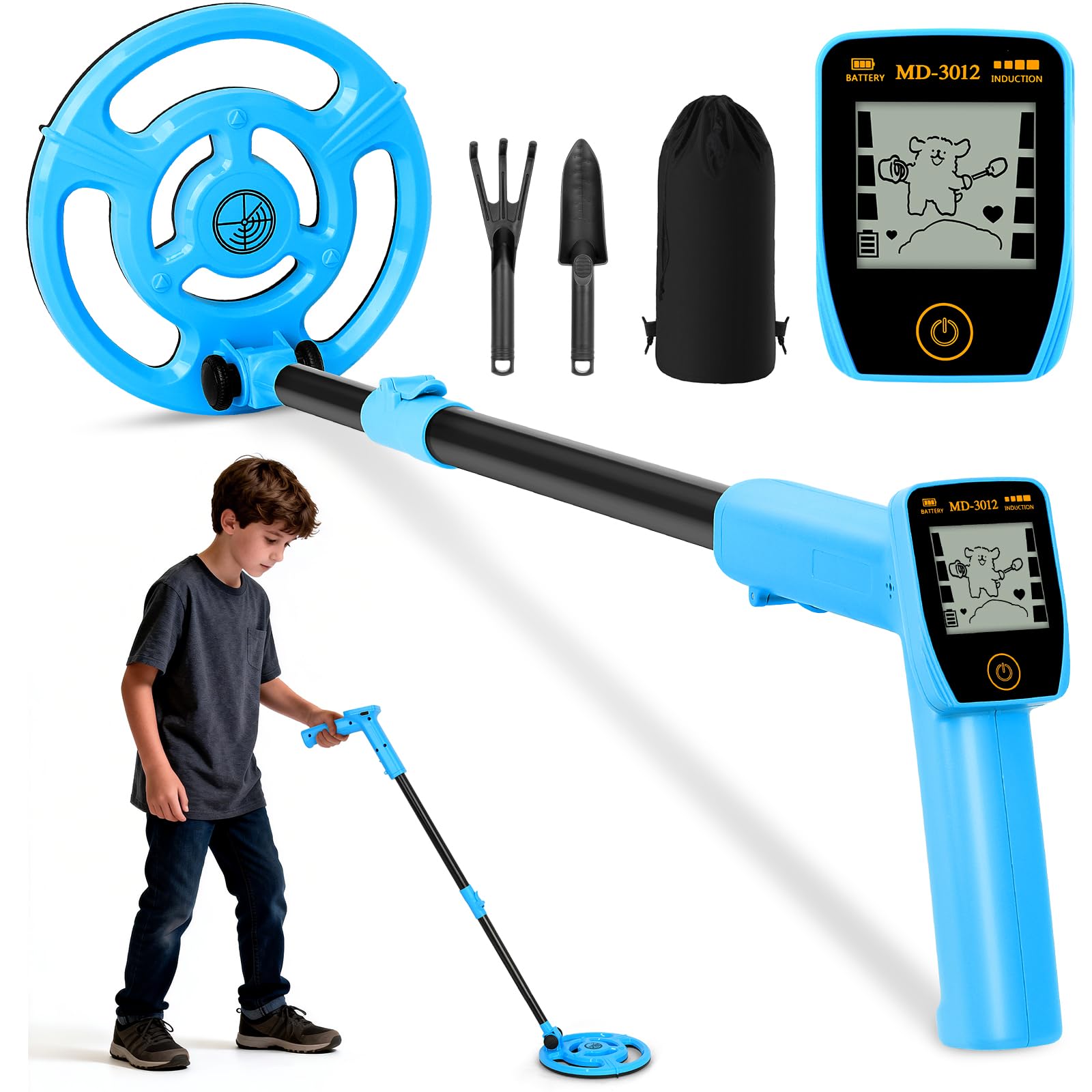 YIAZIM Metal Detector for Kids, USB Rechargeable Kids Metal Detector, 7.36” Waterproof Search Coil, Lightweight 24”-35” Handle with LCD Display for Outdoor Exploration (Blue)