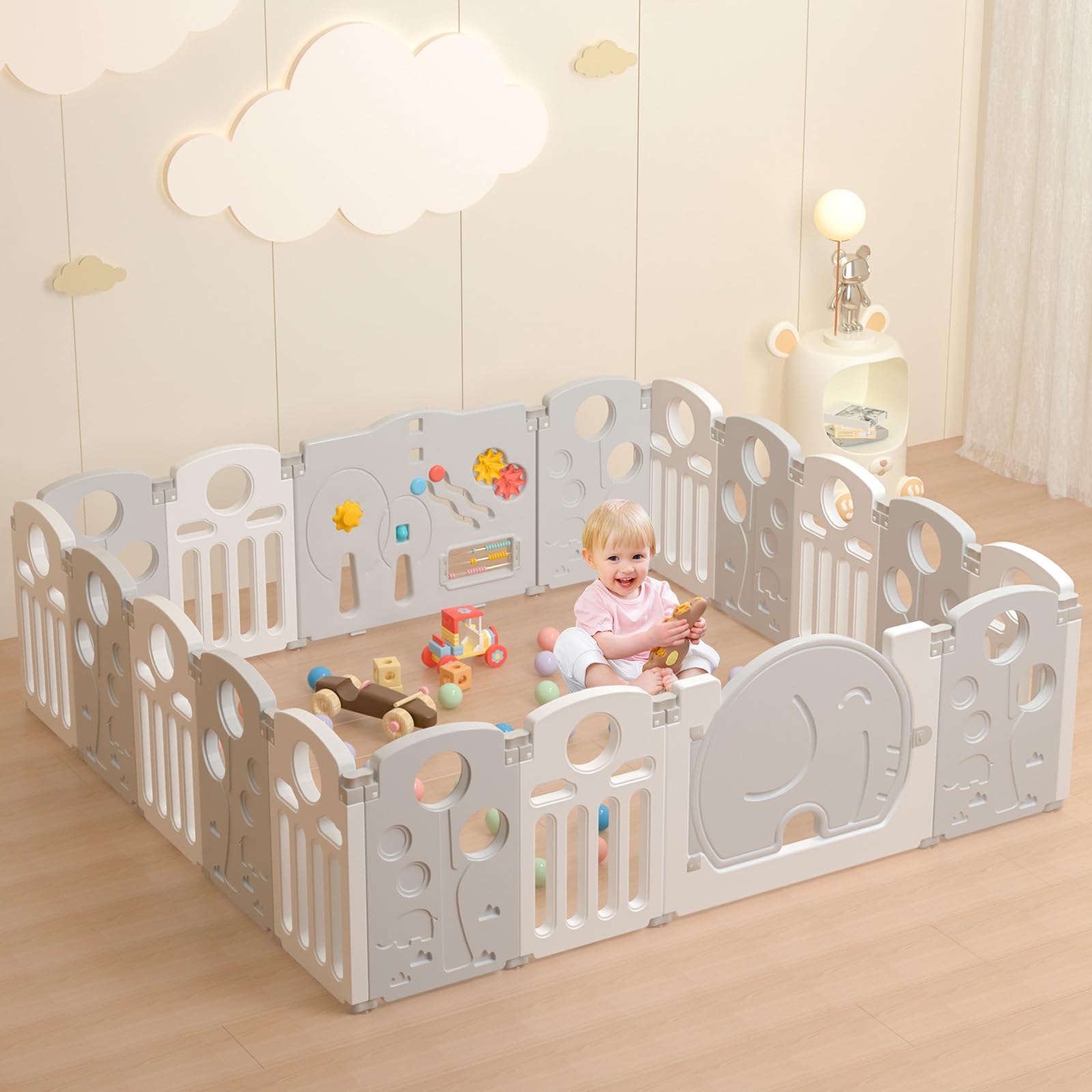 LulliSpace Baby Playpen,for Kids and Toddlers,Kids Activity Centre Safety Play Yard,Indoor&amp;Outdoor Pattern Baby Fence with Game Panel, Safety Lock, Non-Slip Bases, Adjustable Shape,18 Panels