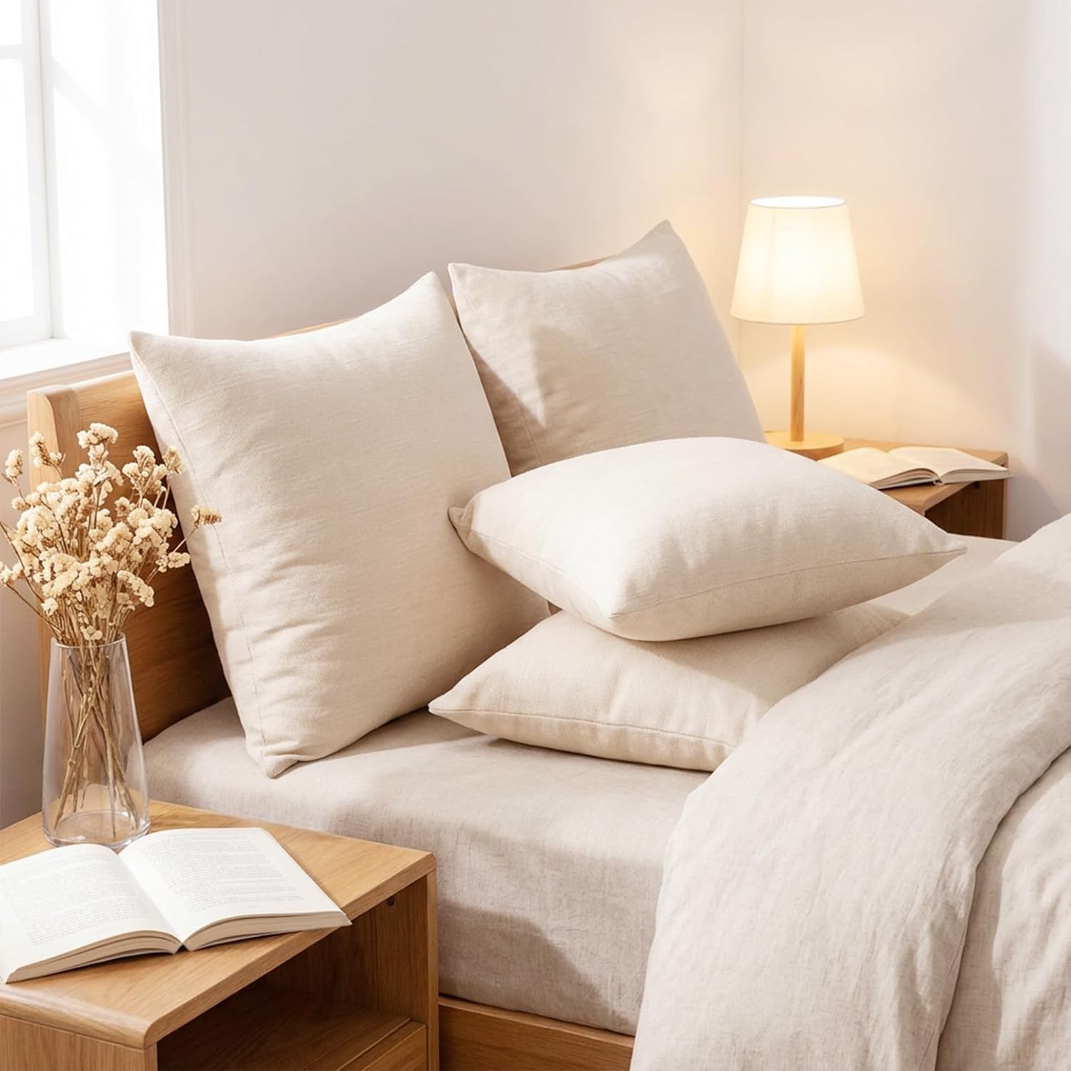 Set of 4 Khaki Throw Pillow Covers 24x24 Inch, Neutral Boho Farmhouse Aesthetic Decorative Pillow Cases for Couch, Sofa, Living Room & Bed, Soft Chenille Pillow Cases, Stylish Home Decor, 60x60 cm