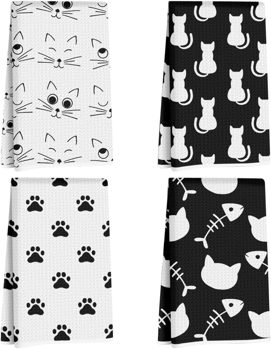 Lovdazzles 4 Pcs Cute Cat Kitchen Towels Decorative Tea Towel 02