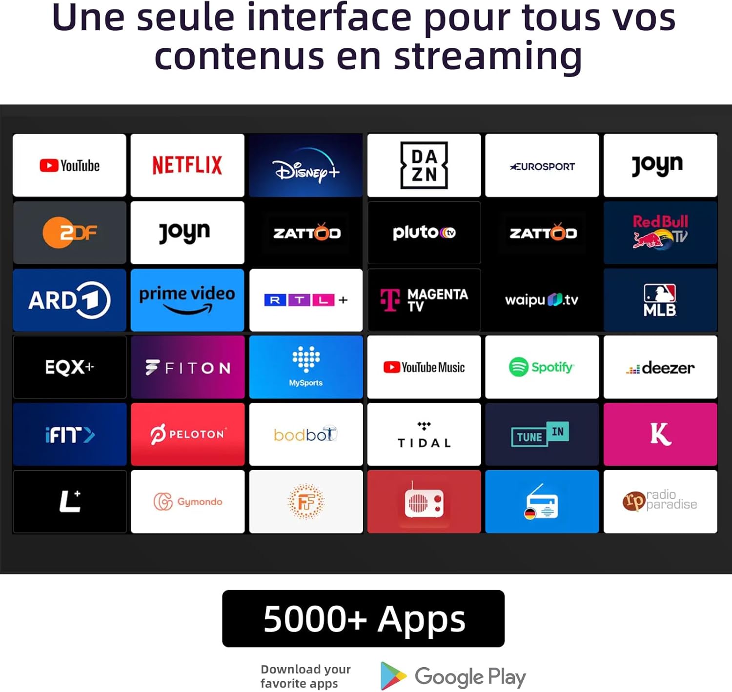 Interfície de Google TV que mostra diverses aplicacions de reproducció en temps real