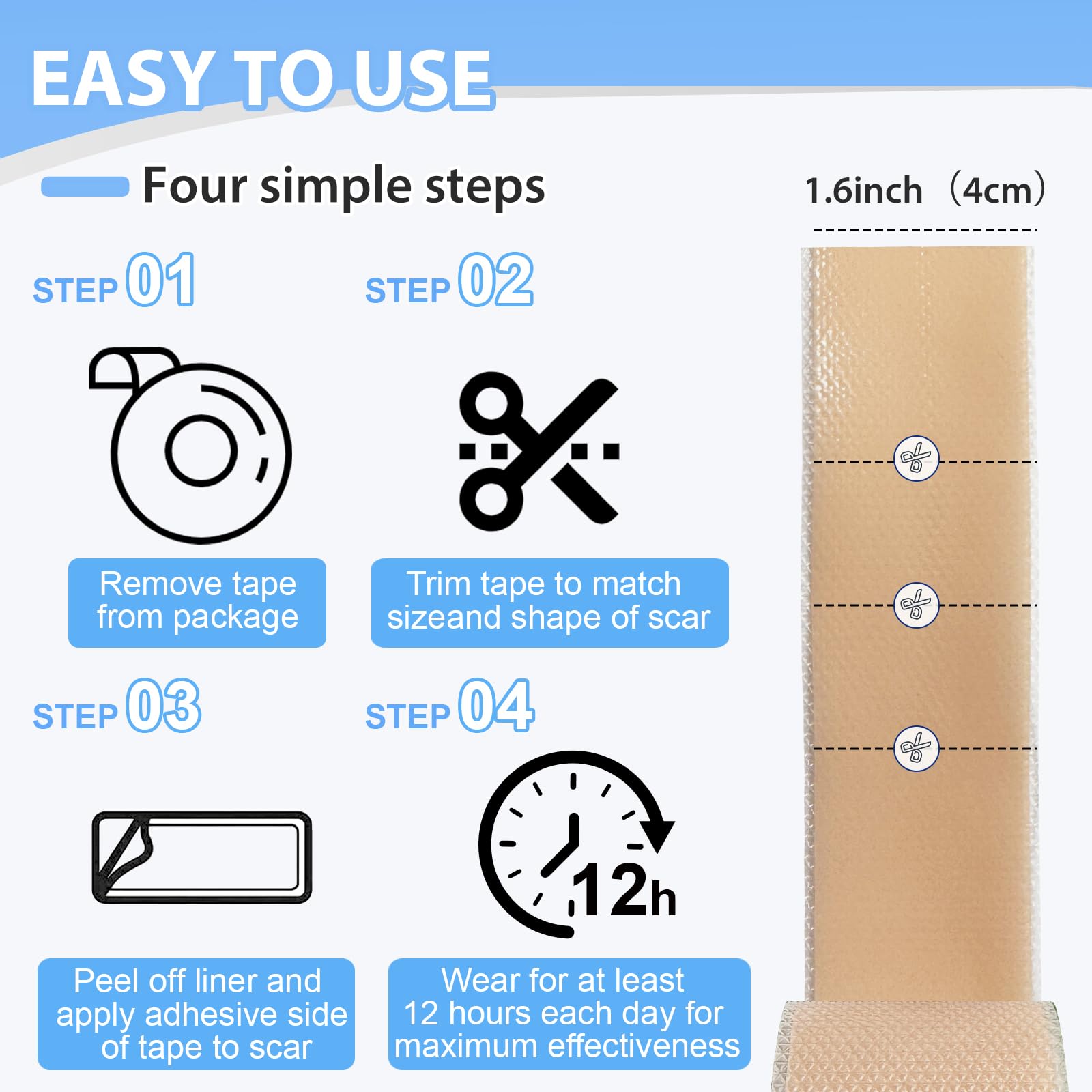 Fogli in silicone per cicatrici (152 x 4,1 cm), rotolo di nastro in silicone per cicatrici, riutilizzabili, trattamento professionale per la rimozione delle cicatrici, per sezione cesareo, chirurgia,