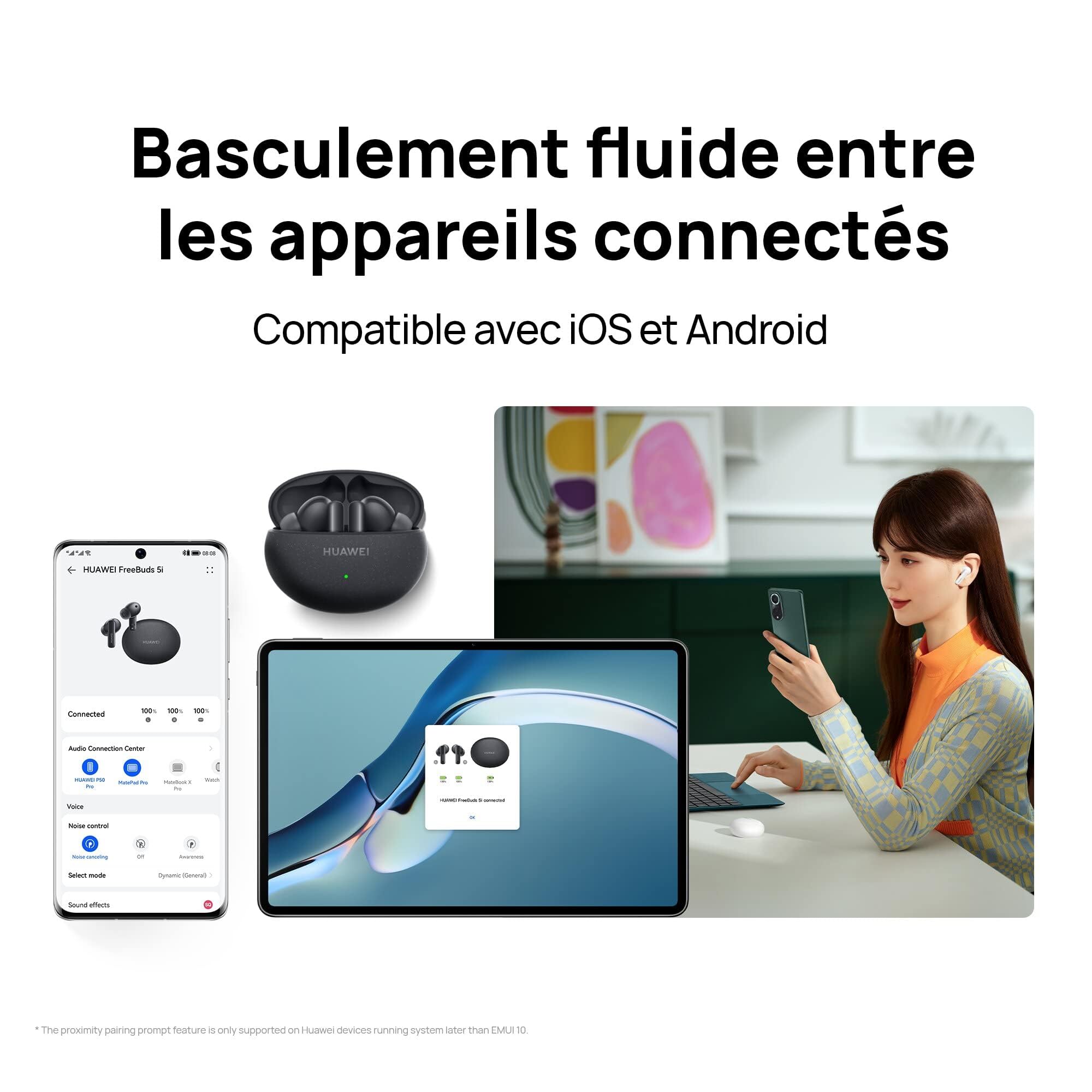 HUAWEI FreeBuds 5i écouteurs sans Fil, Bluetooth, Son certifié Hi-Resolution, Reduction du Bruit Active multimode, Charge Rapide 4 Heures d'autonomie en 15 Minutes, avec iOS/Android/Windows, Noir