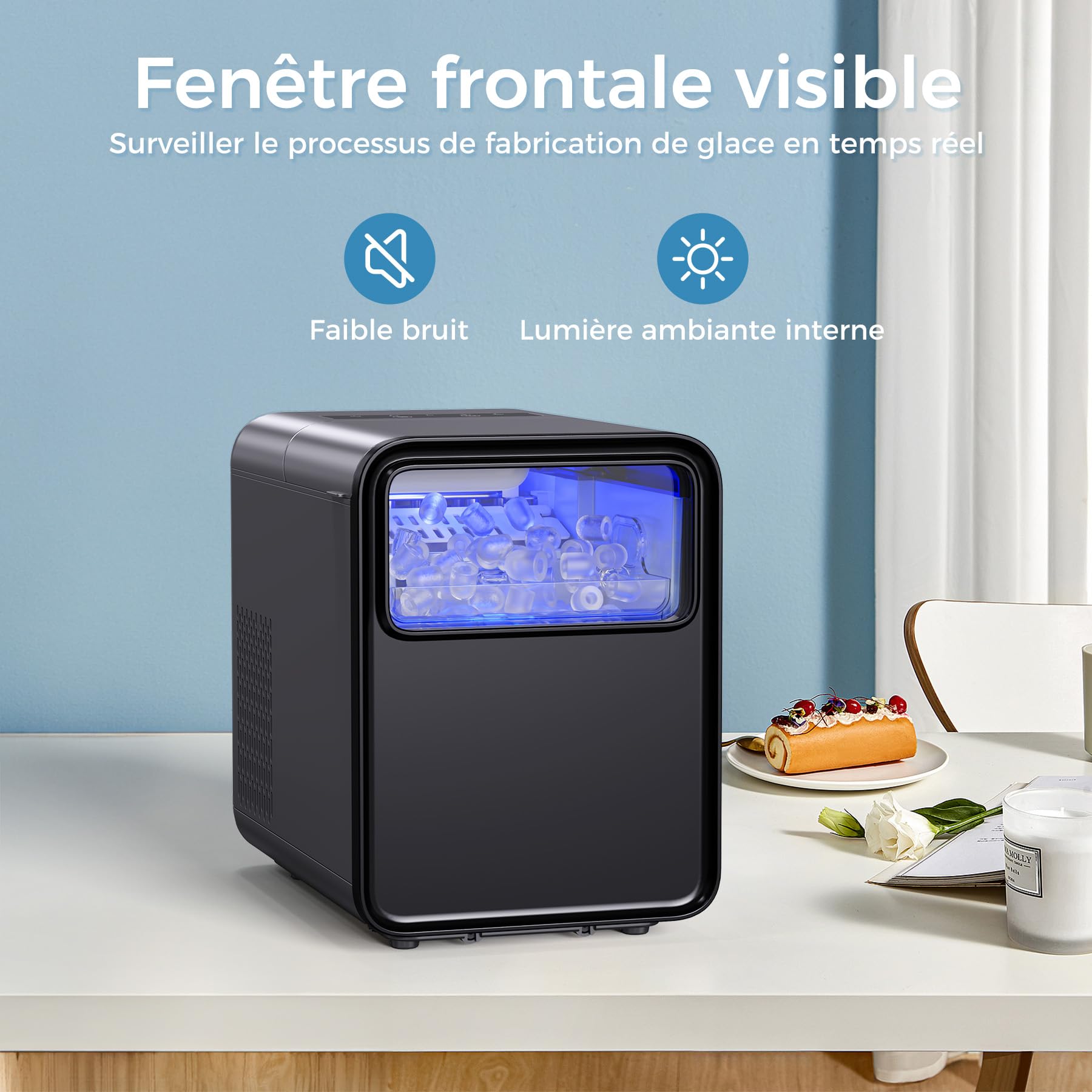 QEXREED Machine à Glaçons, 12 kg/24 h, 9 Glaçons en 6 Minutes, Machine a Glacons Autonettoyante avec Cuillère à Glaçons et Panier, 2 Tailles de Glaçons pour la Cuisine à Domicile Bureau Bar Party