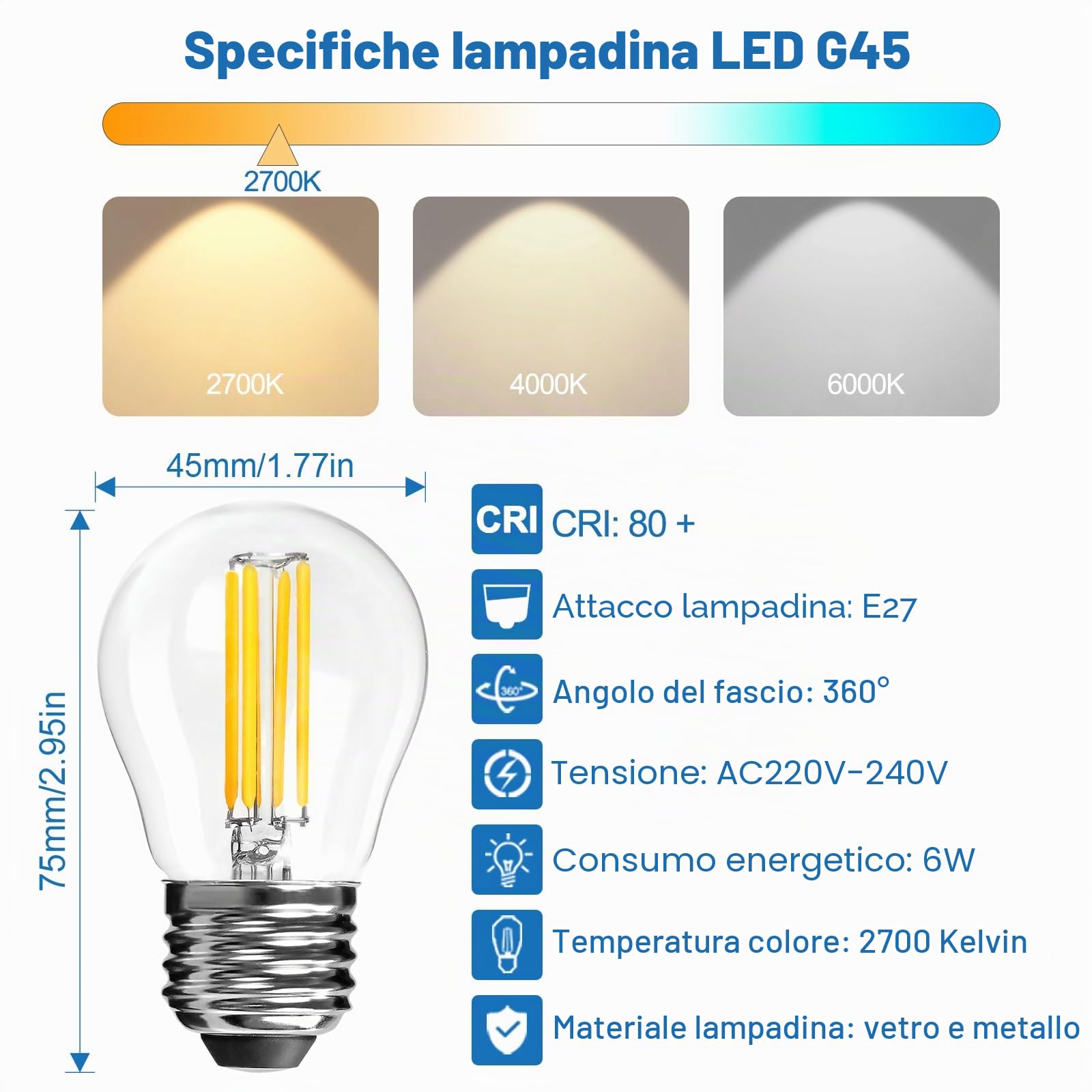 Lampadina LED E27, Lampadine Globo G45, 6W, Confezione da 10 | Equivalente 60W, Mini Lampade Dimmerabili Globo E27, Bianco Caldo 2700K, Lampadina Filamento LED per Lampadari