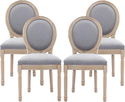 Miniatura 17 de Nrizc - Juego de 4 sillas de comedor de estilo francés rústico, sillas de tela de granja con respaldo redondo, silla de comedor de ratán, sillas