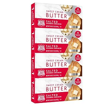 Salted Sweet Cream Butter Block , Fresh sweet cream butter thats lightly churned with salt , Churned and packaged in California , Milk that has not been treated with the growth hormone rBST , 4 count ;1 lb Each , TOTAL NET WT [ 64 OZ , 4 LB ]