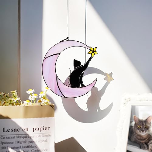 Miniatura 5 de Atrapasoles colgante de ventana de cristal negro con gato en luna de 6.5 pulgadas, paneles de ventana de cristal, decoración artística de pared,