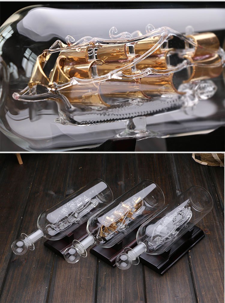 Golden Sailing Boat in Bottle Ship in Glass Home Office Office + Wooden Base