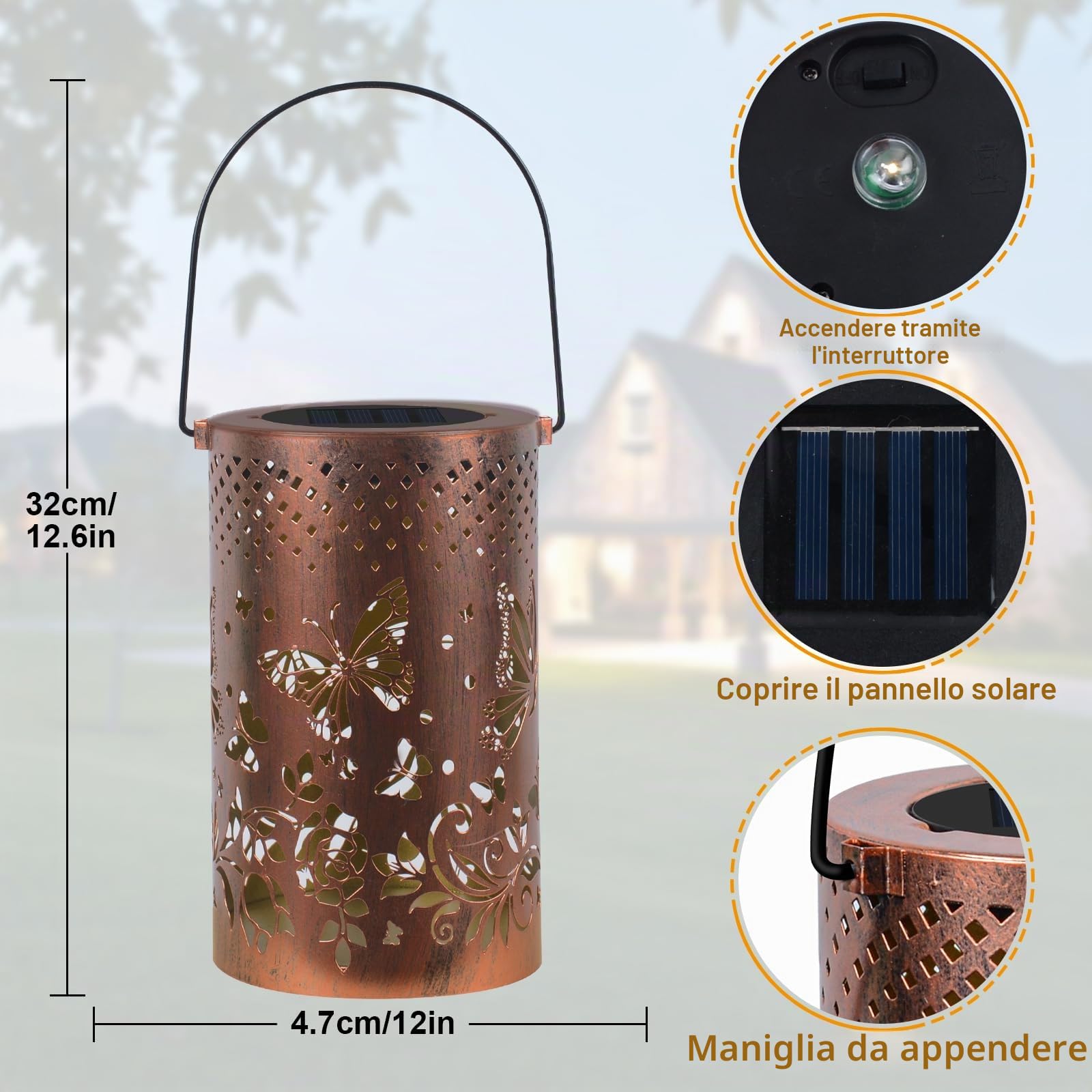 Qoosea Lanterne Solari da Esterno Farfalla Decorative LED Luci da Giardino in Metallo con Ganci IP65 Impermeabile Lanterna Solare Lampade Solari da Giardino Decorazioni