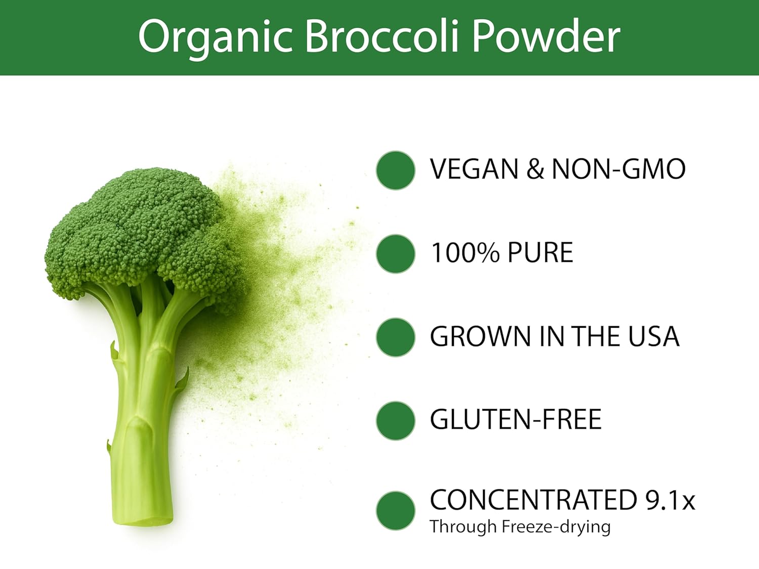KOYAH - Organic USA Broccoli Powder (1 Scoop Equivalent to 1/4 Cup Fresh): 30 Scoops, Freeze-dried, Whole-Vegetable Powder