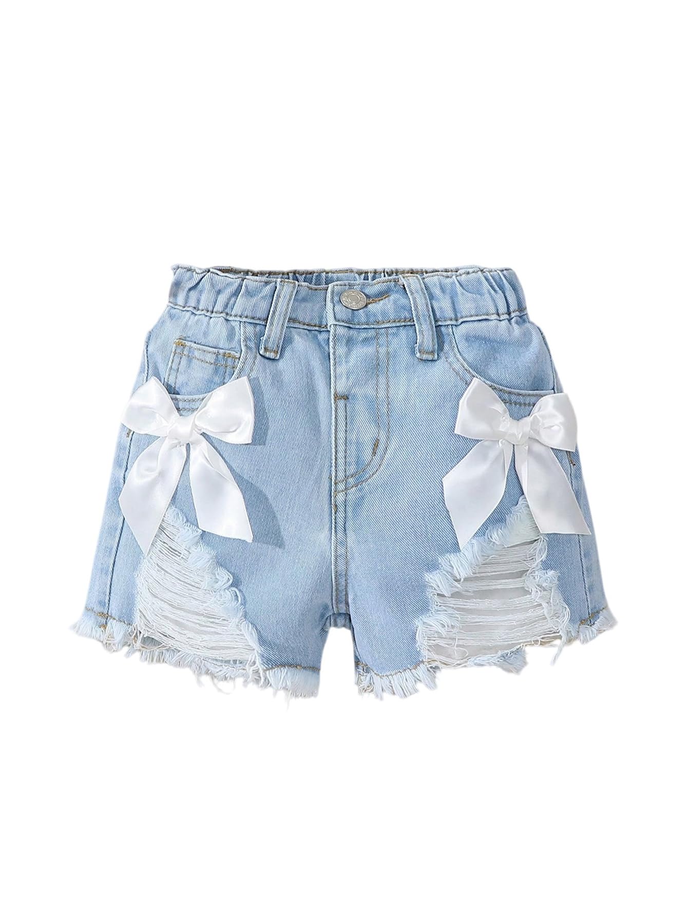 Verdusa Toddler Girl's Jeans Shorts Cute Coquette Bowknot Ripped Distressed Denim Shorts