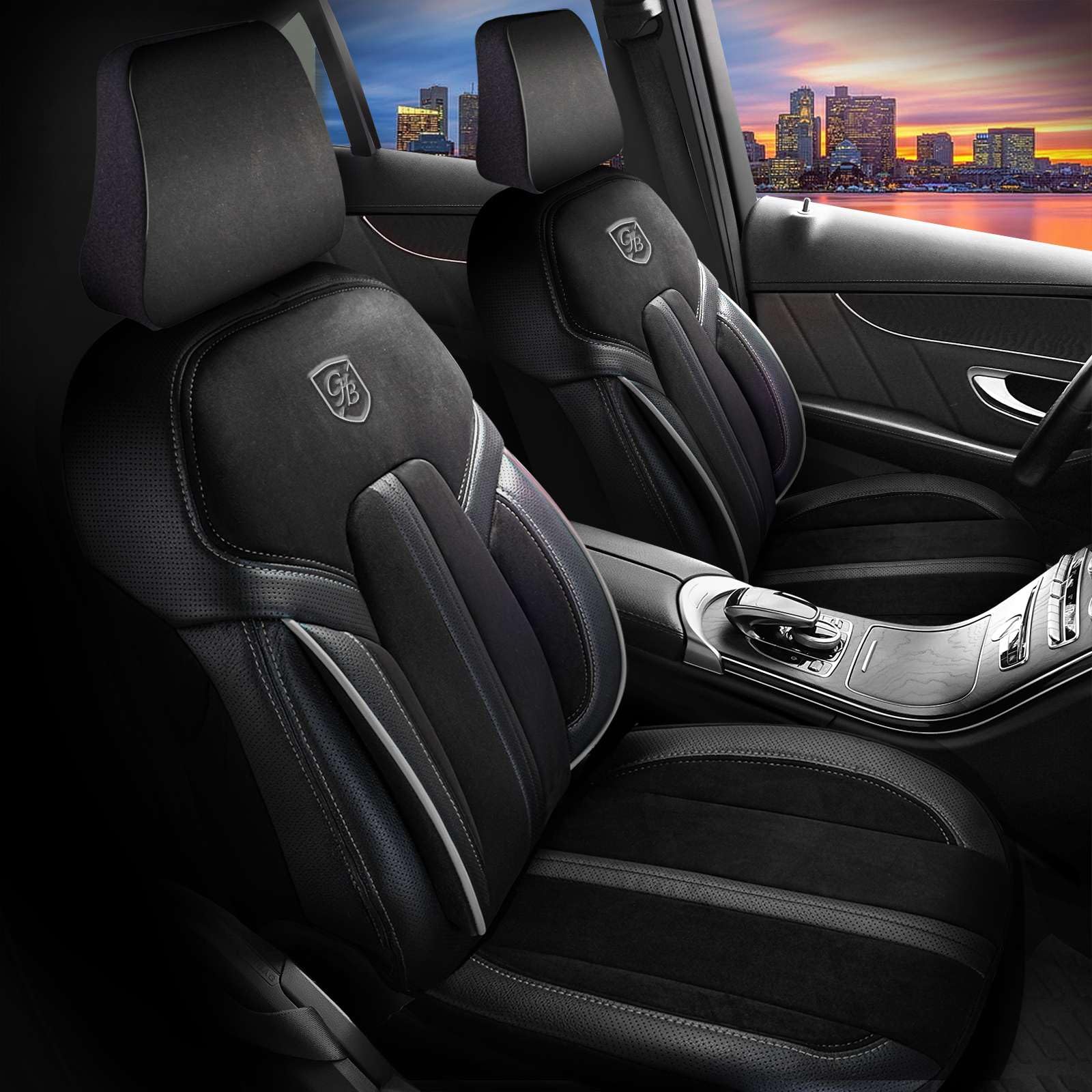 Autositzbezüge Universal für PKW & SUV – Premium Vordersitze Auto Sitzbezug aus Alcantara, Schwarz-Grau, Airbag-Kompatibel Sitzauflage, Autoschonbezug, Vordersitz-Set inkl. Montageset