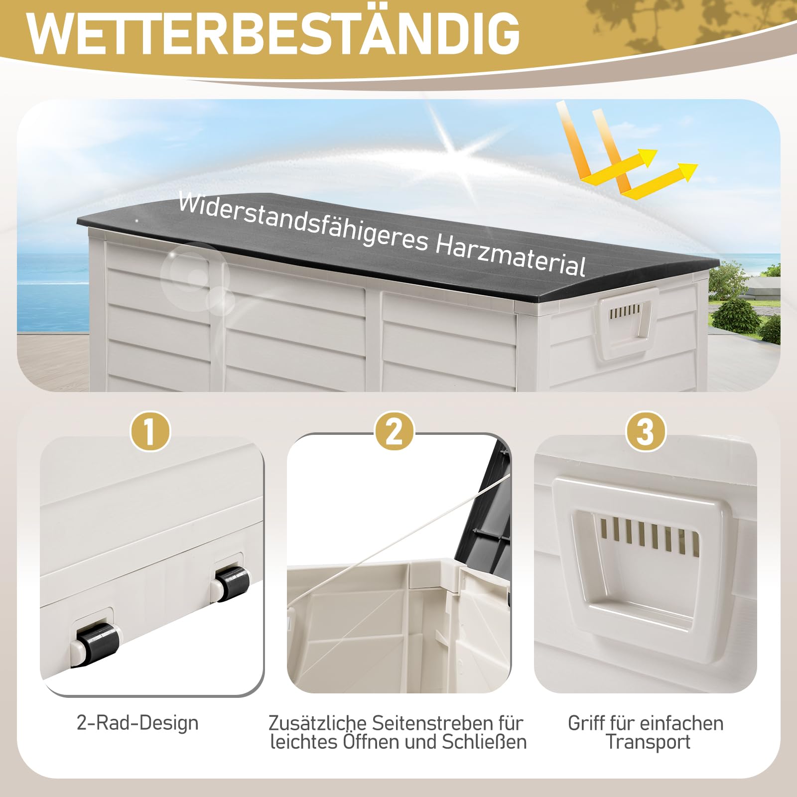 Faltbarer Gartenbox, 284L Fassungsvermögen mit Griffen und Rädern - Wasserfest und UV-beständig, Auflagenbox geeignet für Terrassen, Balkone, Wohnzimmer und Wintergärten, Schwarzweiß